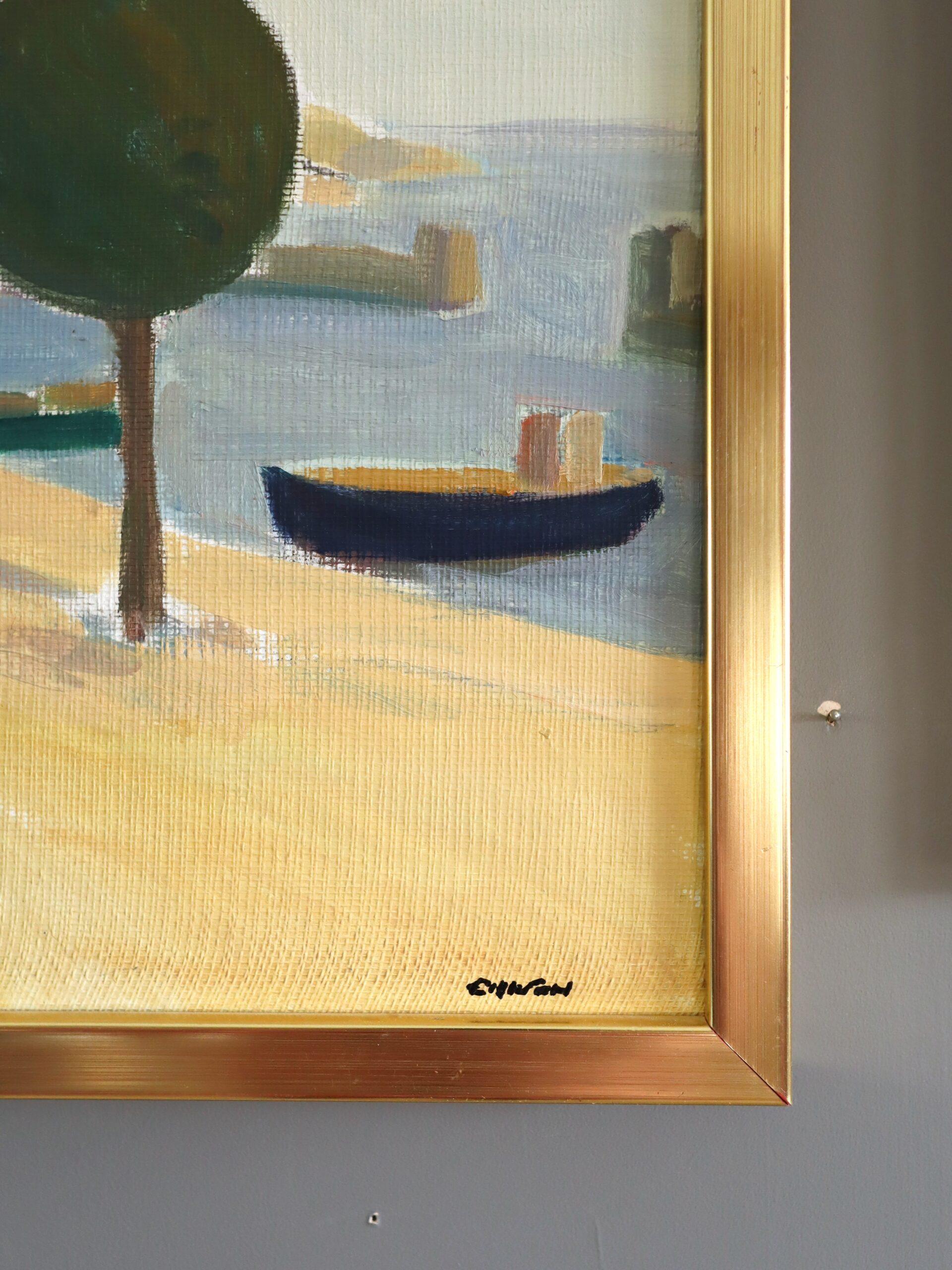 Mid Century Modern Vintage Original Landscape Oil Painting - Coastal Cafe 6