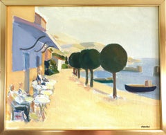 Pintura al óleo original de paisaje vintage moderno de mediados de siglo - Coastal Cafe