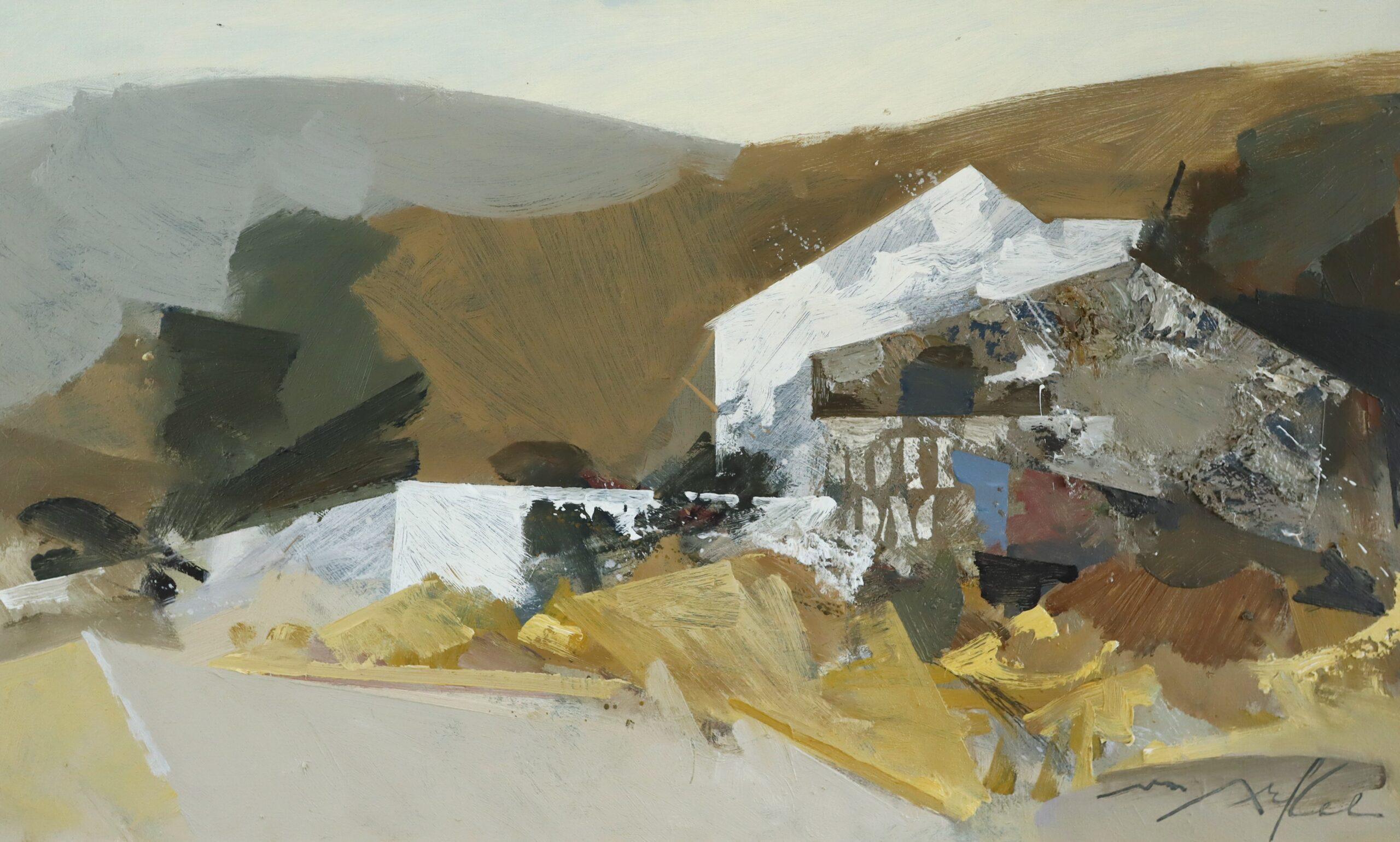 Peinture à l'huile originale de paysage vintage, moderne du milieu du siècle dernier - Abstraction rurale en vente 7