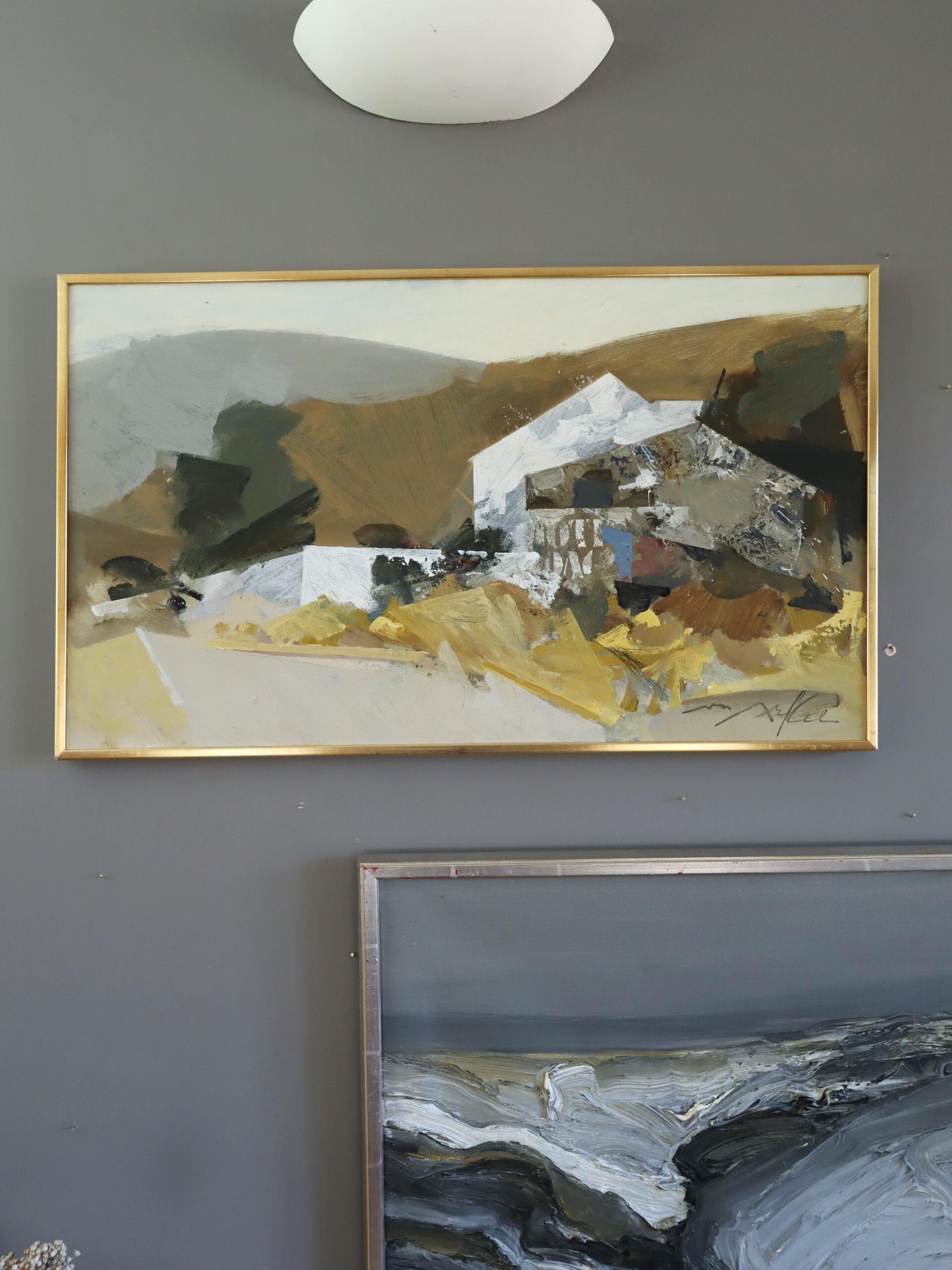 Peinture à l'huile originale de paysage vintage, moderne du milieu du siècle dernier - Abstraction rurale - Marron Landscape Painting par Unknown
