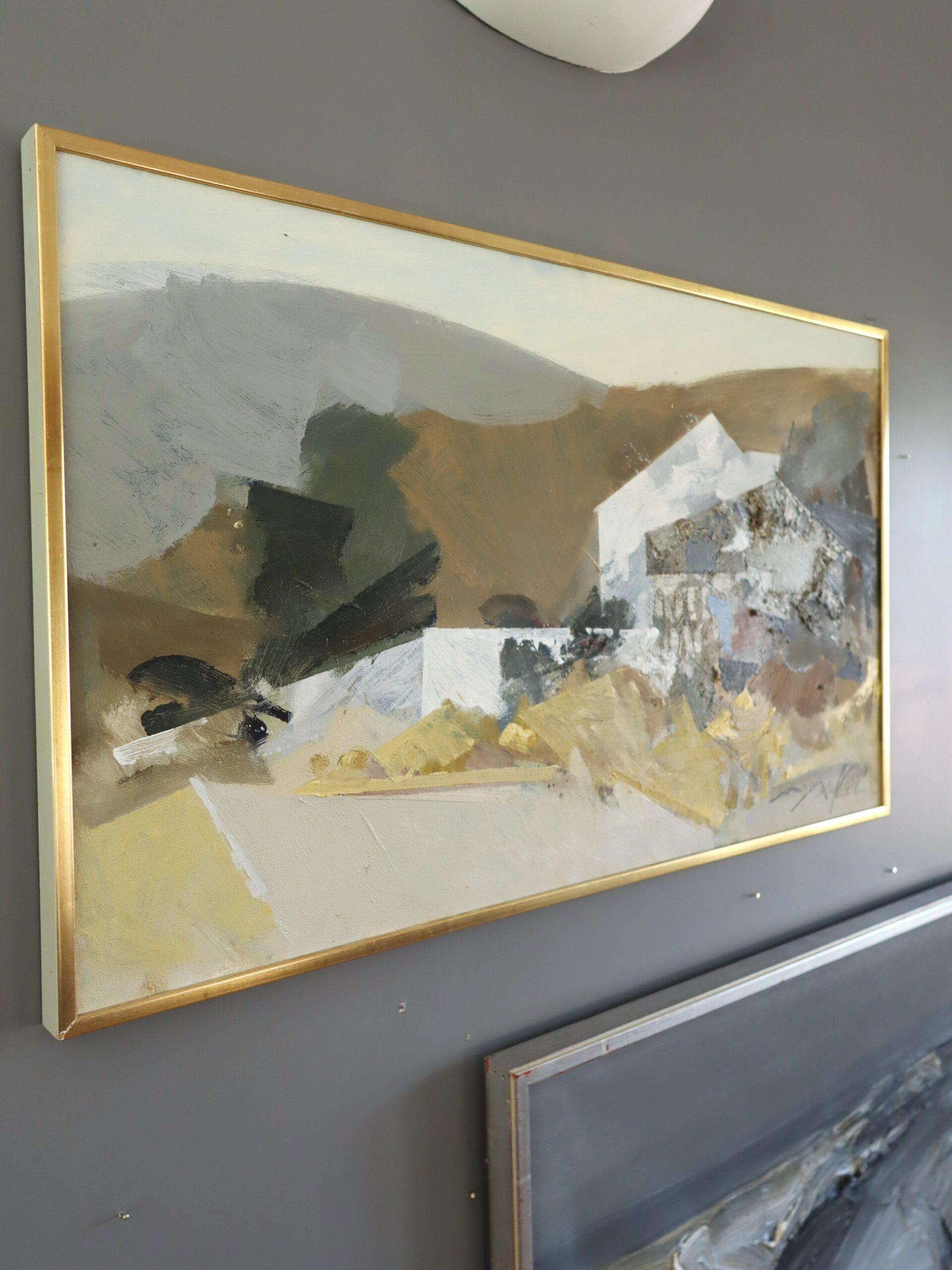 L'ABSTRACTION RURALE
Taille : 46,5 x 78,5 cm (cadre compris)
Huile sur toile

Une grande et captivante peinture de paysage du milieu du siècle qui présente une interaction dynamique entre l'abstraction et la représentation, exécutée à l'huile sur