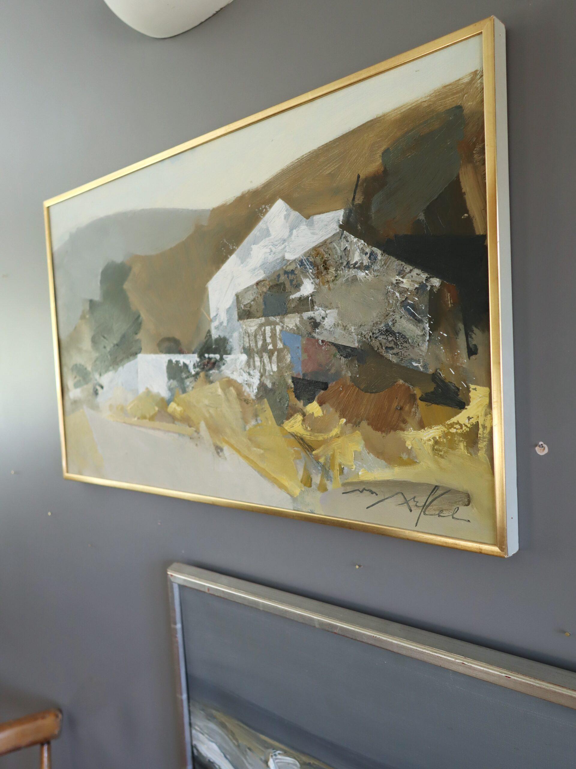 Peinture à l'huile originale de paysage vintage, moderne du milieu du siècle dernier - Abstraction rurale en vente 1