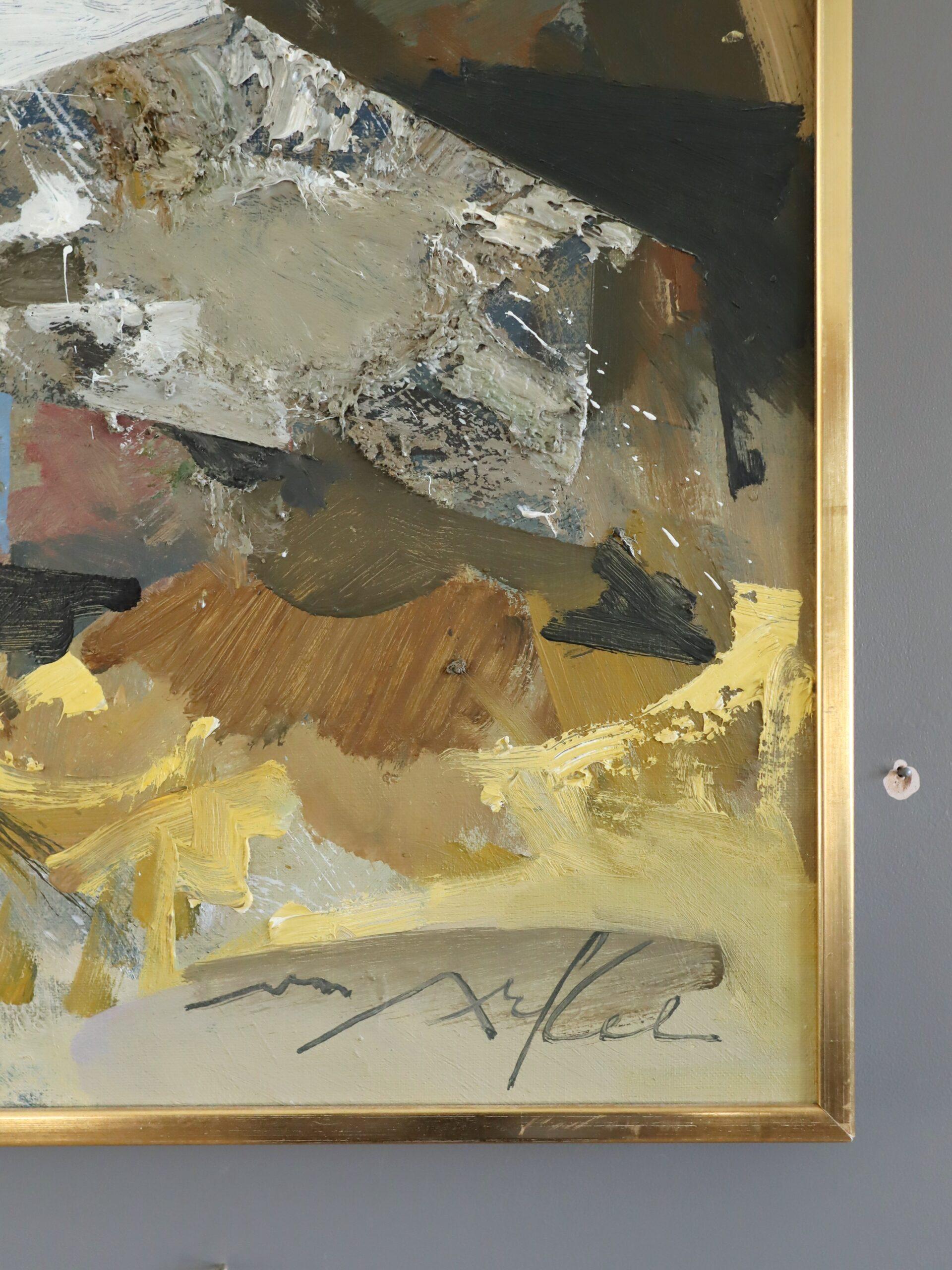Peinture à l'huile originale de paysage vintage, moderne du milieu du siècle dernier - Abstraction rurale en vente 3
