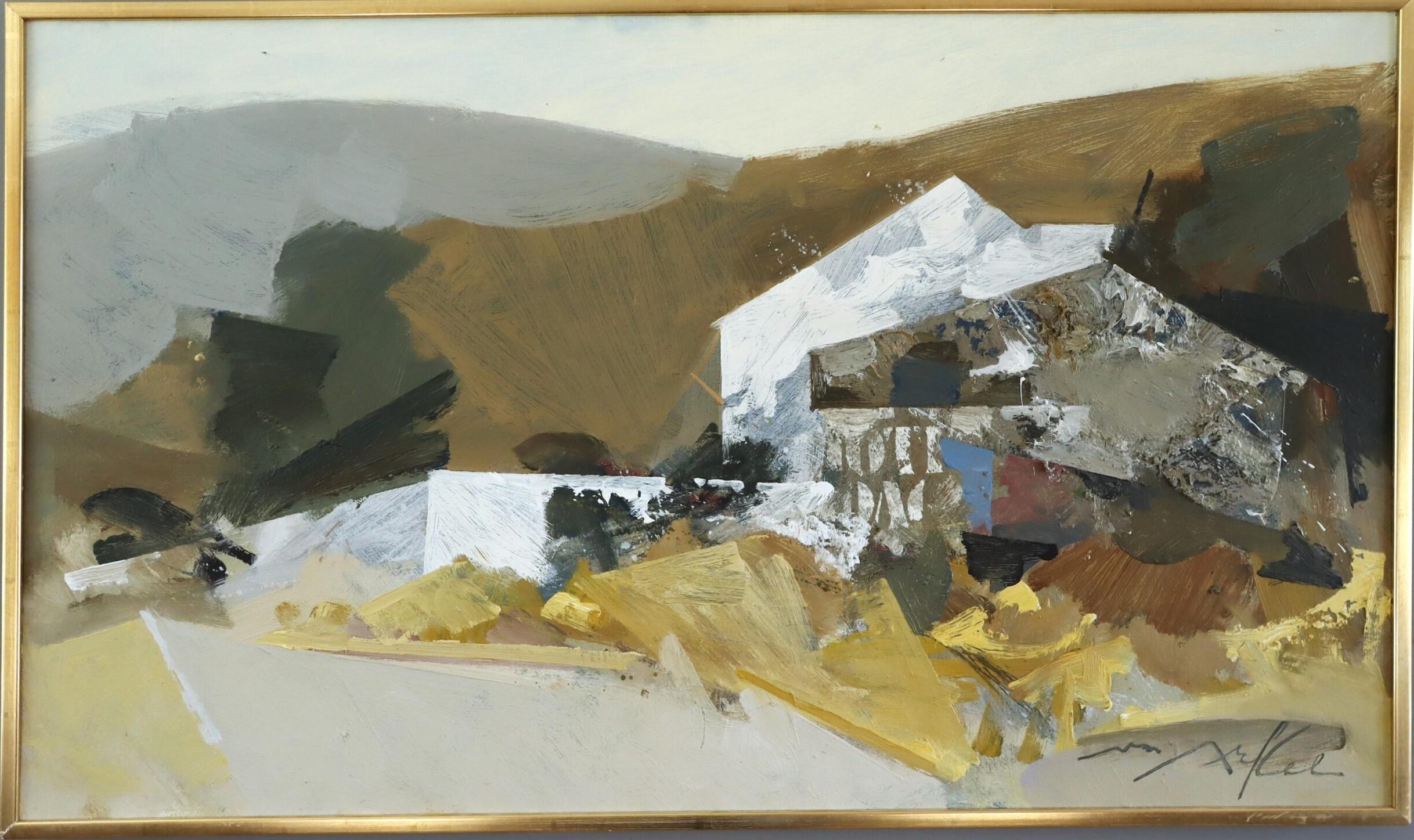 Landscape Painting Unknown - Peinture à l'huile originale de paysage vintage, moderne du milieu du siècle dernier - Abstraction rurale