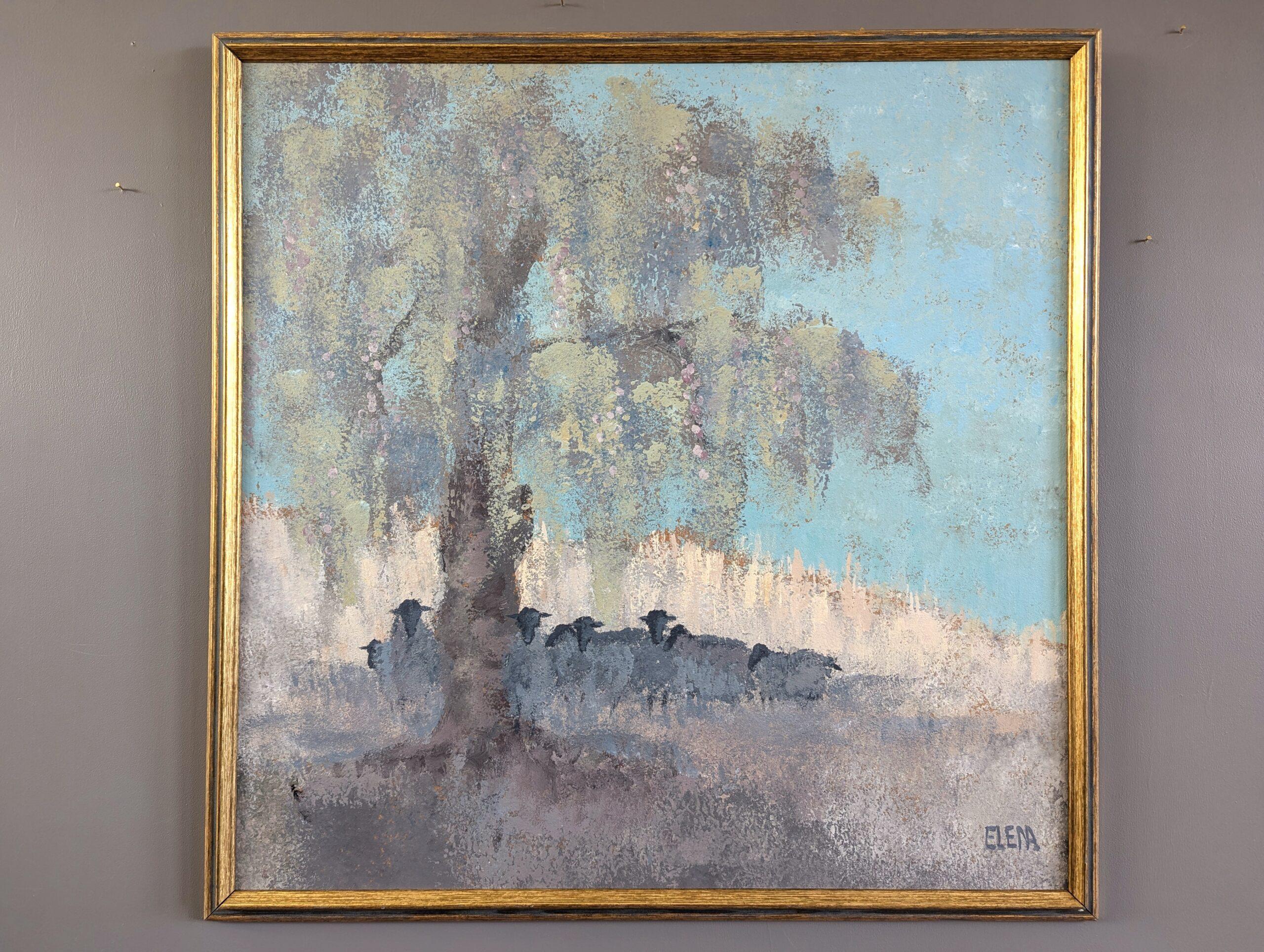 Peinture à l'huile originale du milieu du siècle dernier - Paysage original, moutons au repos - Painting de Unknown