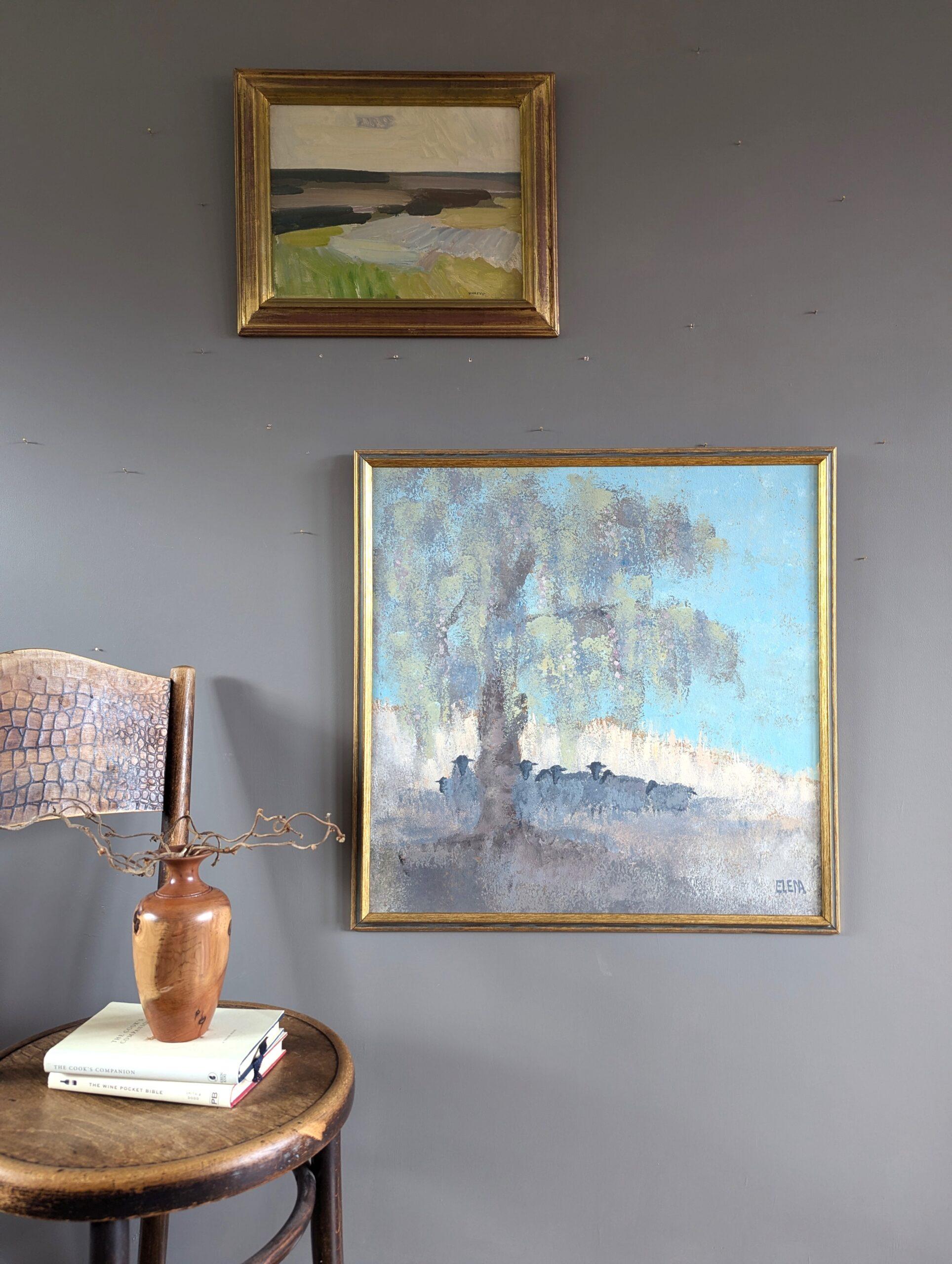 Peinture à l'huile originale du milieu du siècle dernier - Paysage original, moutons au repos - Moderne Painting par Unknown