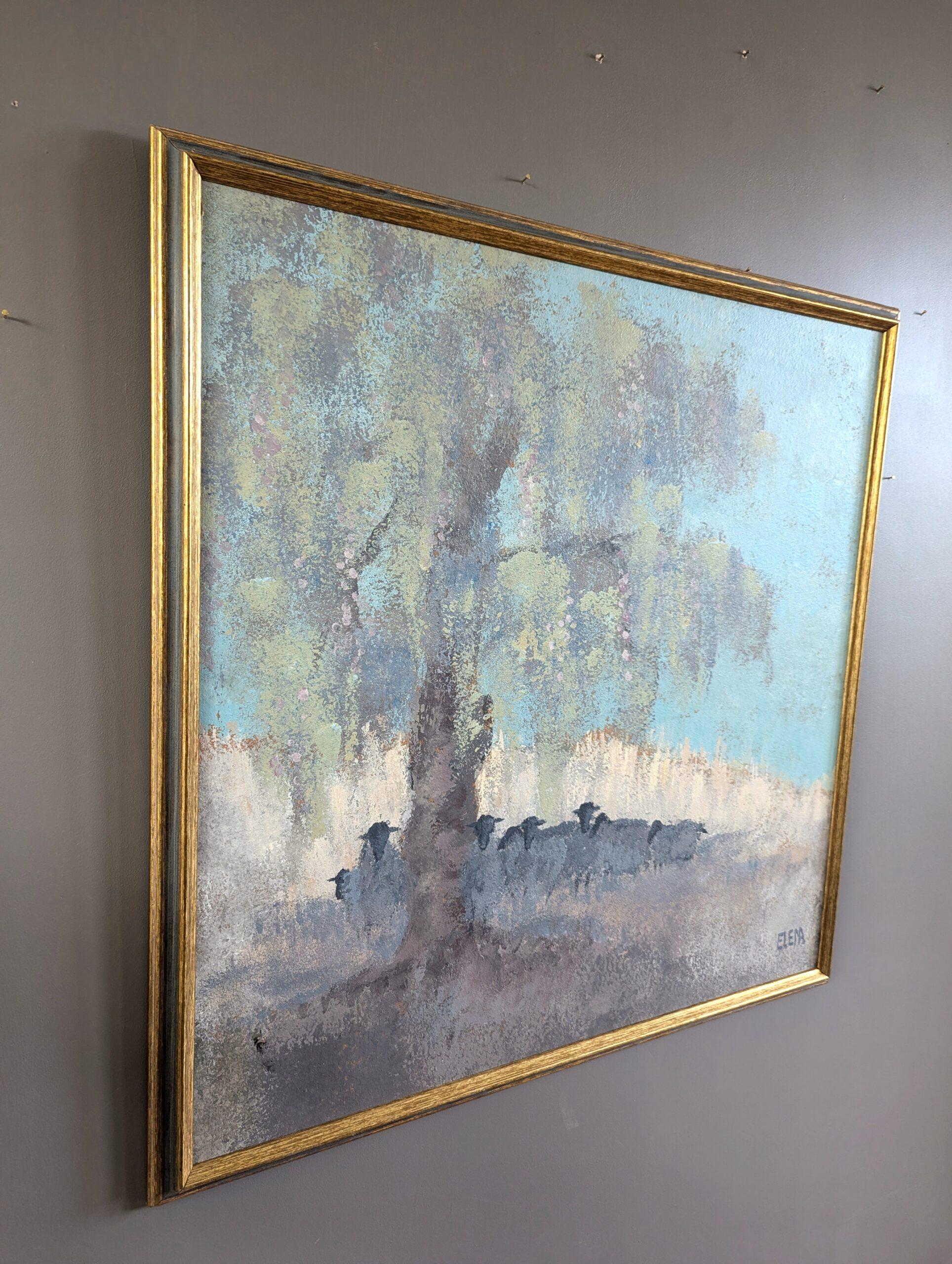 Peinture à l'huile originale du milieu du siècle dernier - Paysage original, moutons au repos - Gris Animal Painting par Unknown