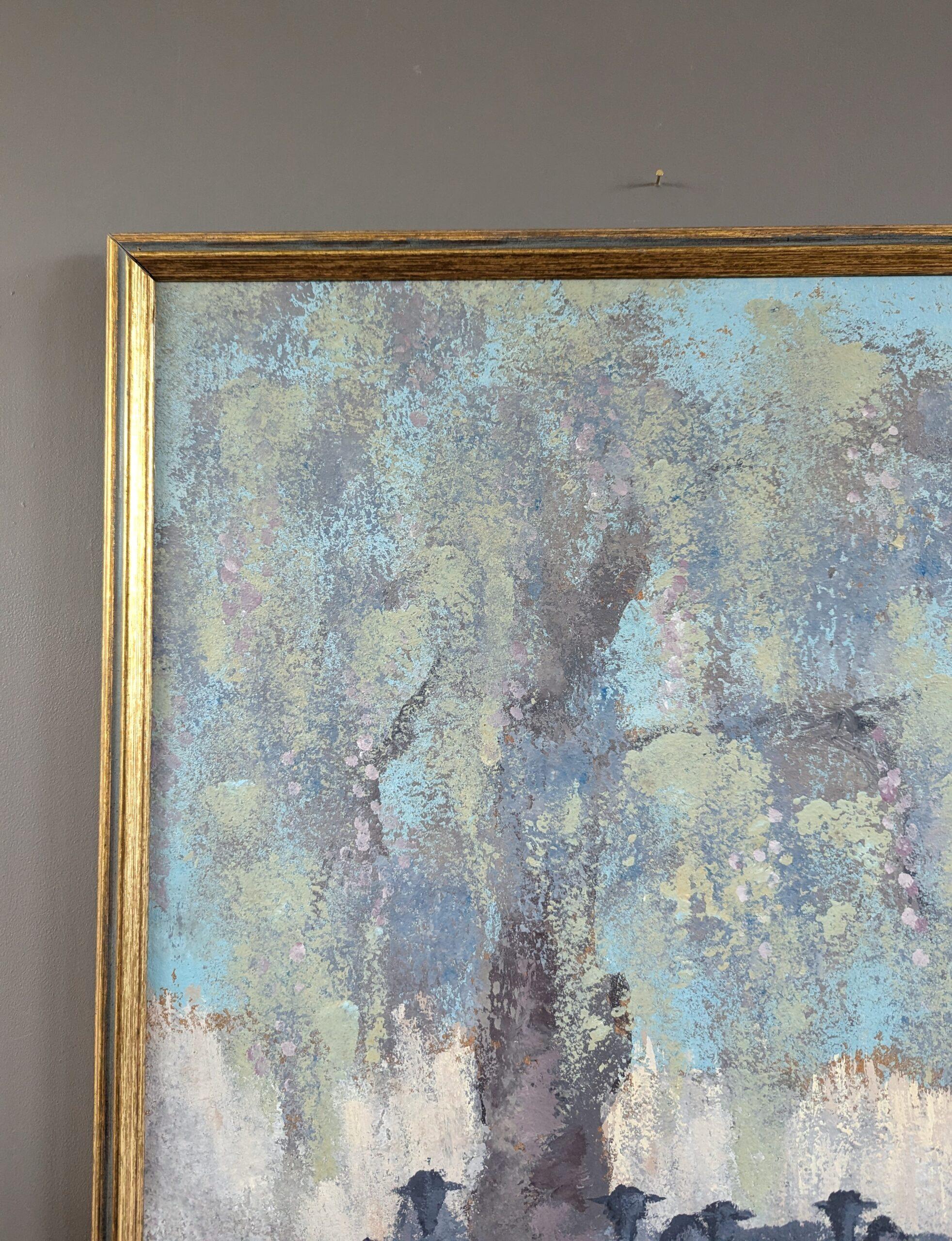 Peinture à l'huile originale du milieu du siècle dernier - Paysage original, moutons au repos en vente 1