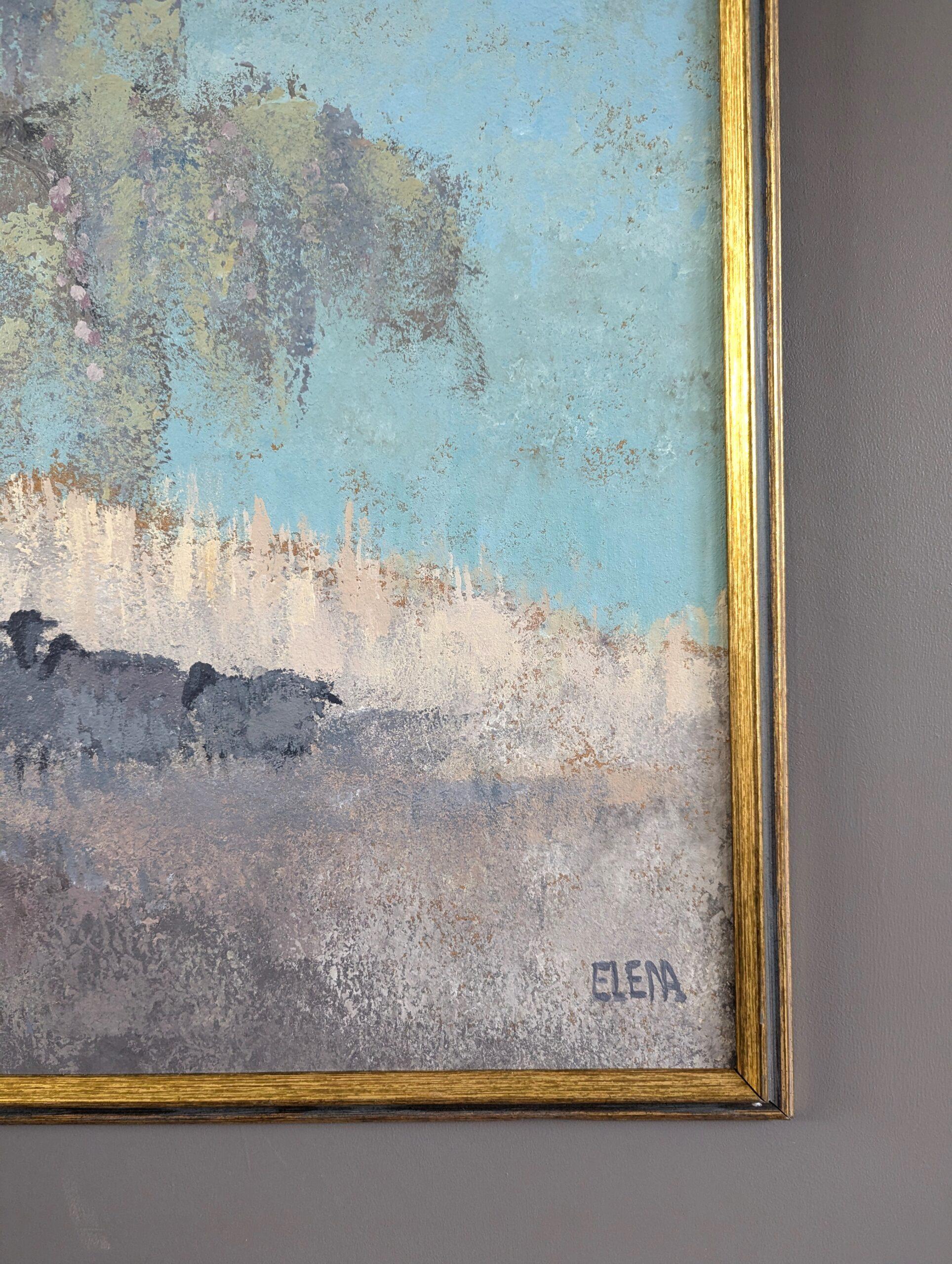 Peinture à l'huile originale du milieu du siècle dernier - Paysage original, moutons au repos en vente 2