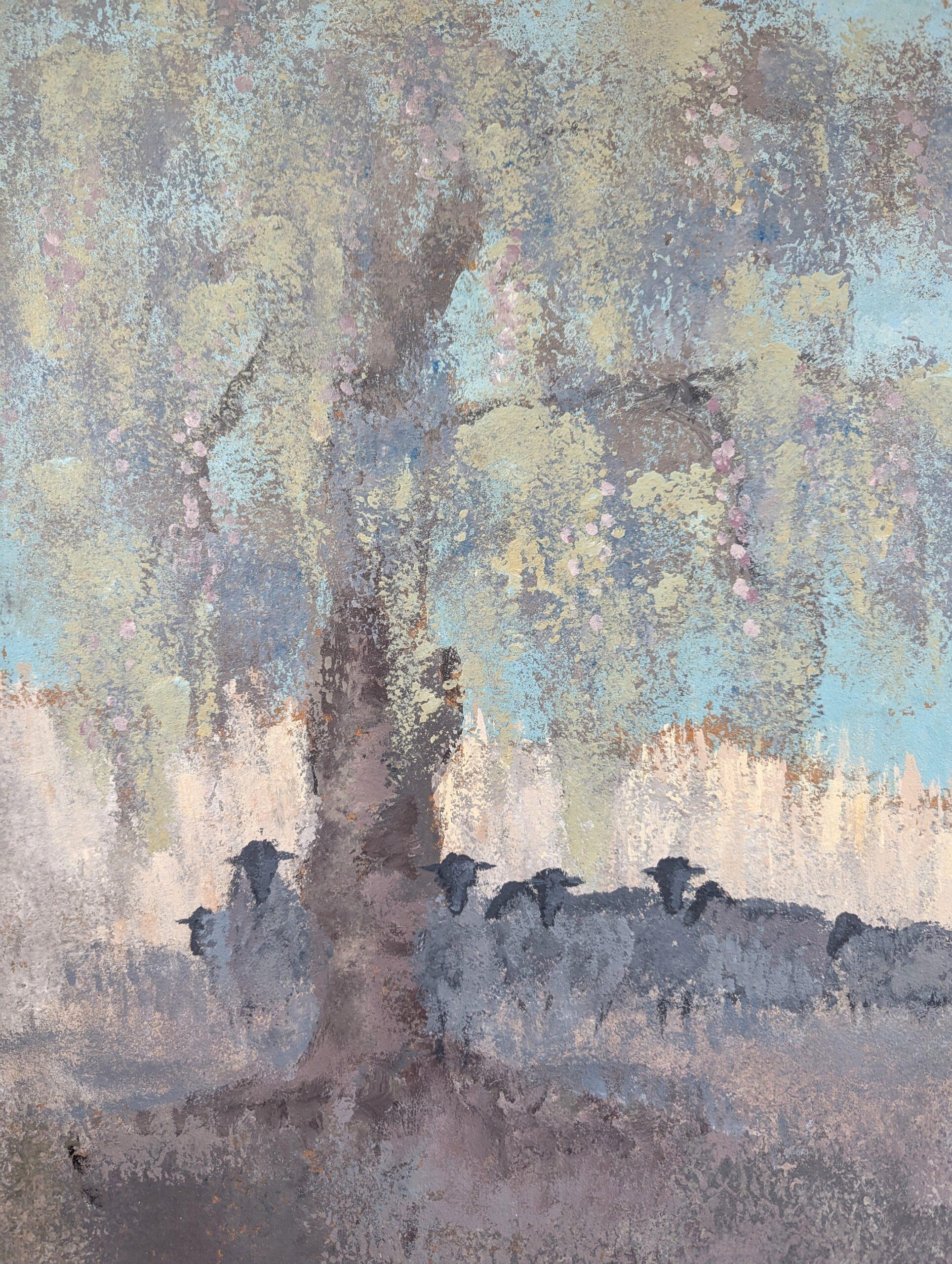 Peinture à l'huile originale du milieu du siècle dernier - Paysage original, moutons au repos en vente 3