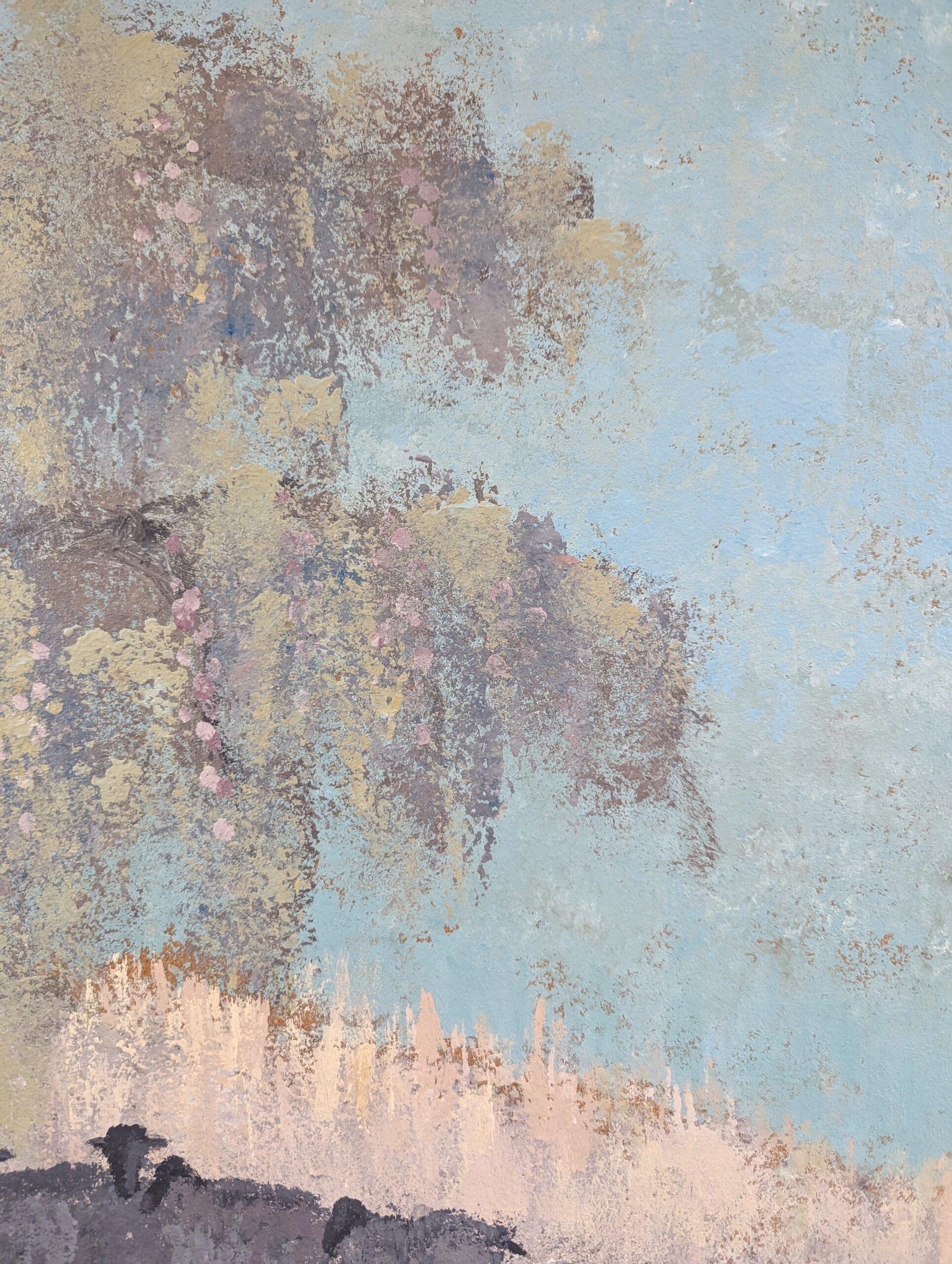 Peinture à l'huile originale du milieu du siècle dernier - Paysage original, moutons au repos en vente 4