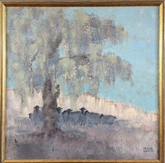 Pittura ad olio di paesaggio originale vintage di metà secolo - Pecore a riposo