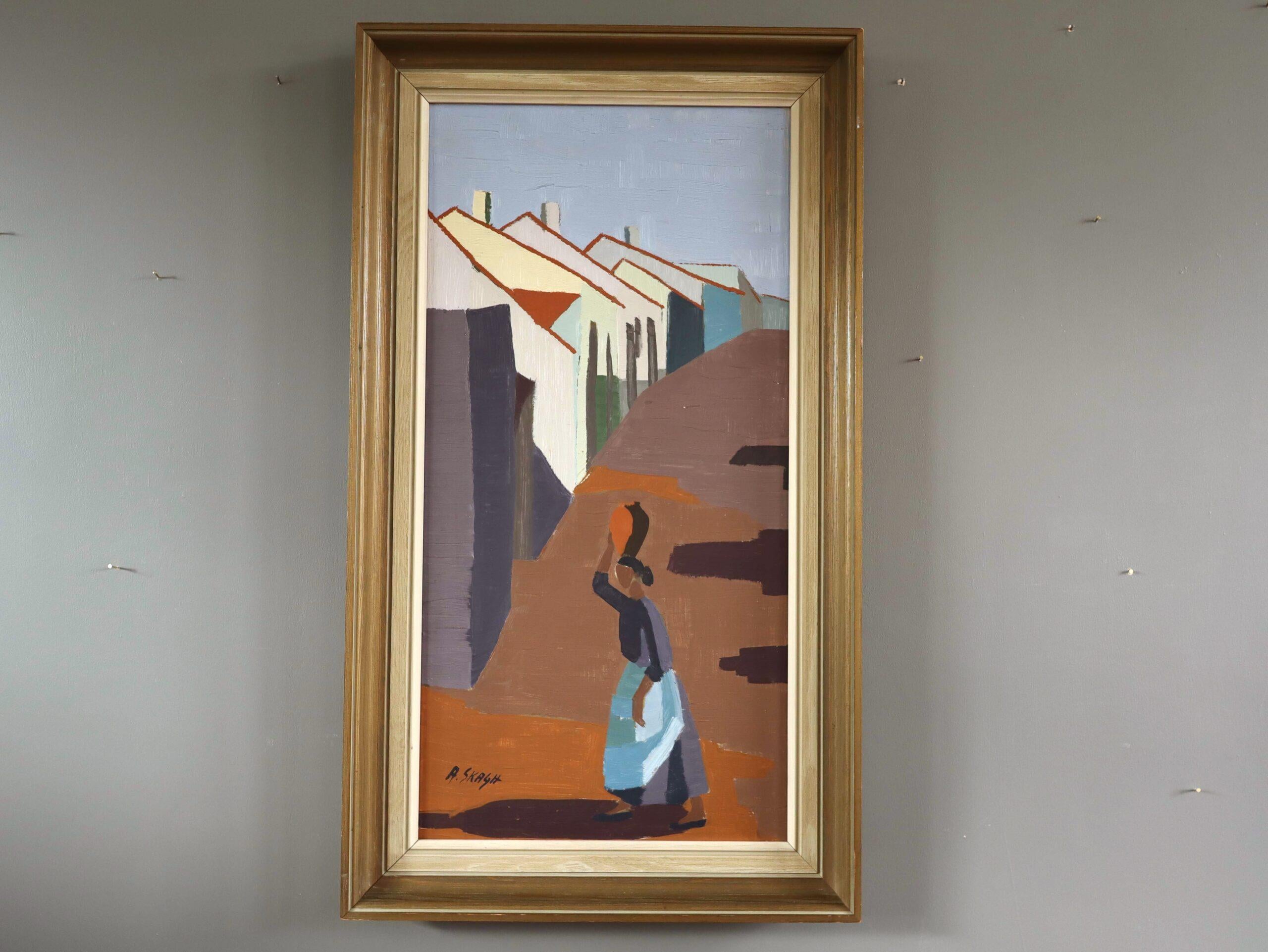 Mid Century Modern Vintage Original Landscape Oil Painting - Village Pathway - Brown Landscape Painting by Unknown