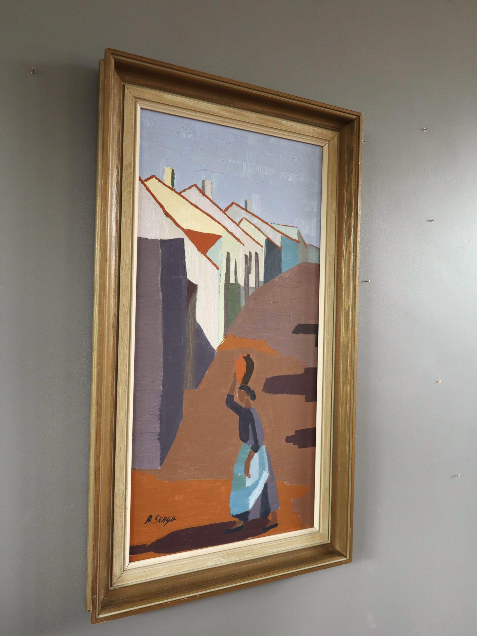 Mid Century Modern Vintage Original Landscape Oil Painting - Village Pathway For Sale 1