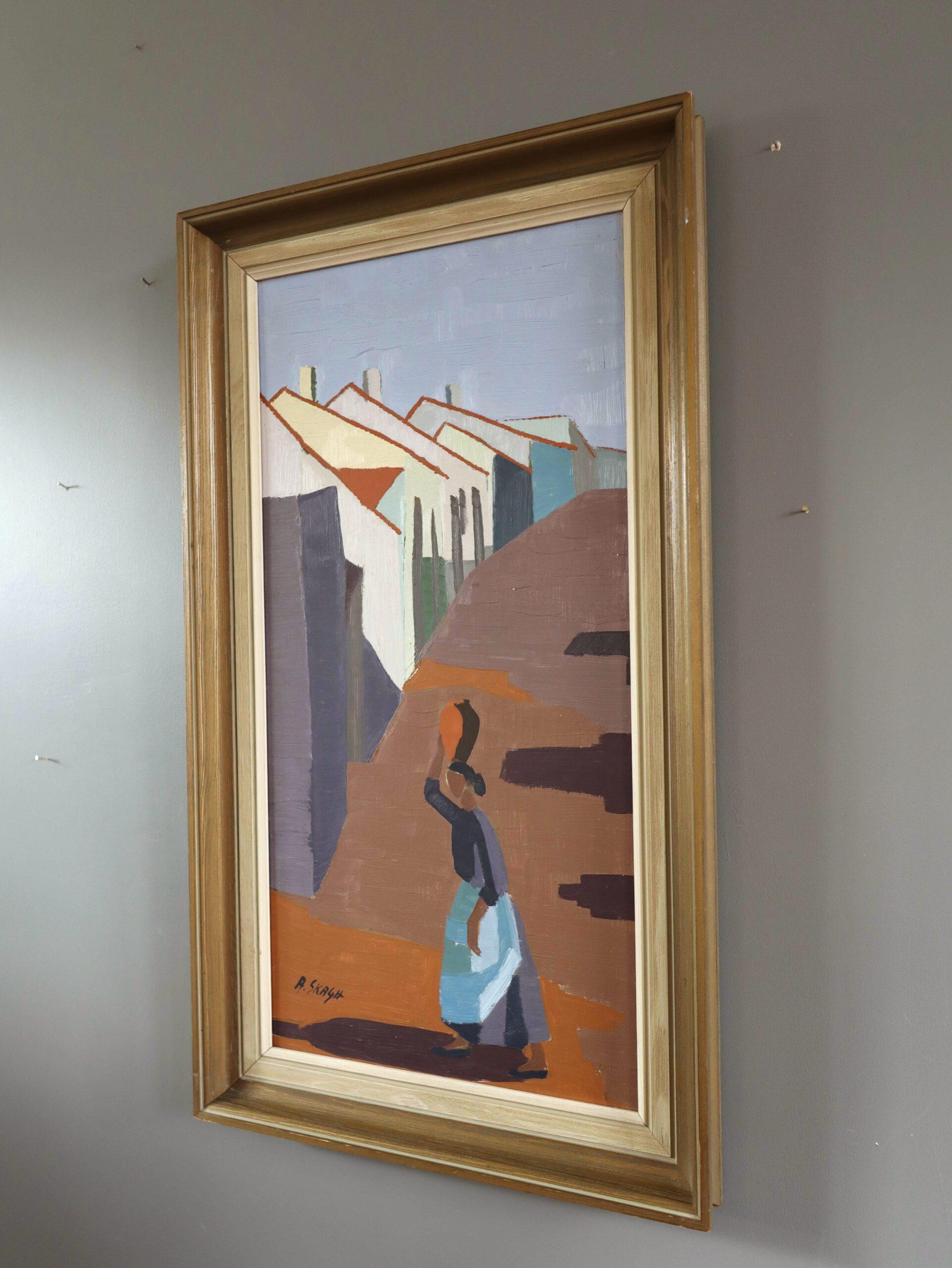 Mid Century Modern Vintage Original Landscape Oil Painting - Village Pathway For Sale 2