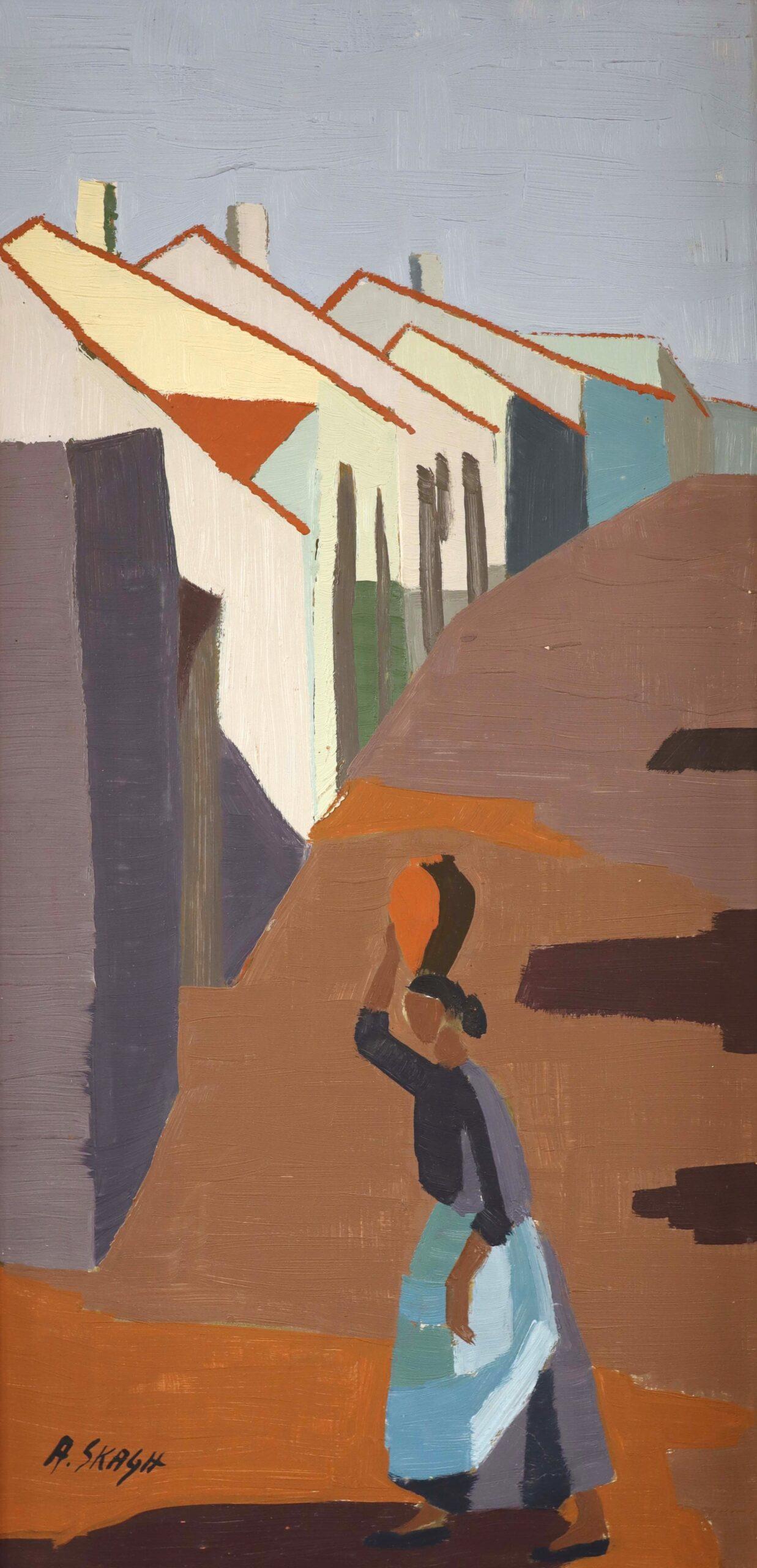 Mid Century Modern Vintage Original Landscape Oil Painting - Village Pathway For Sale 5