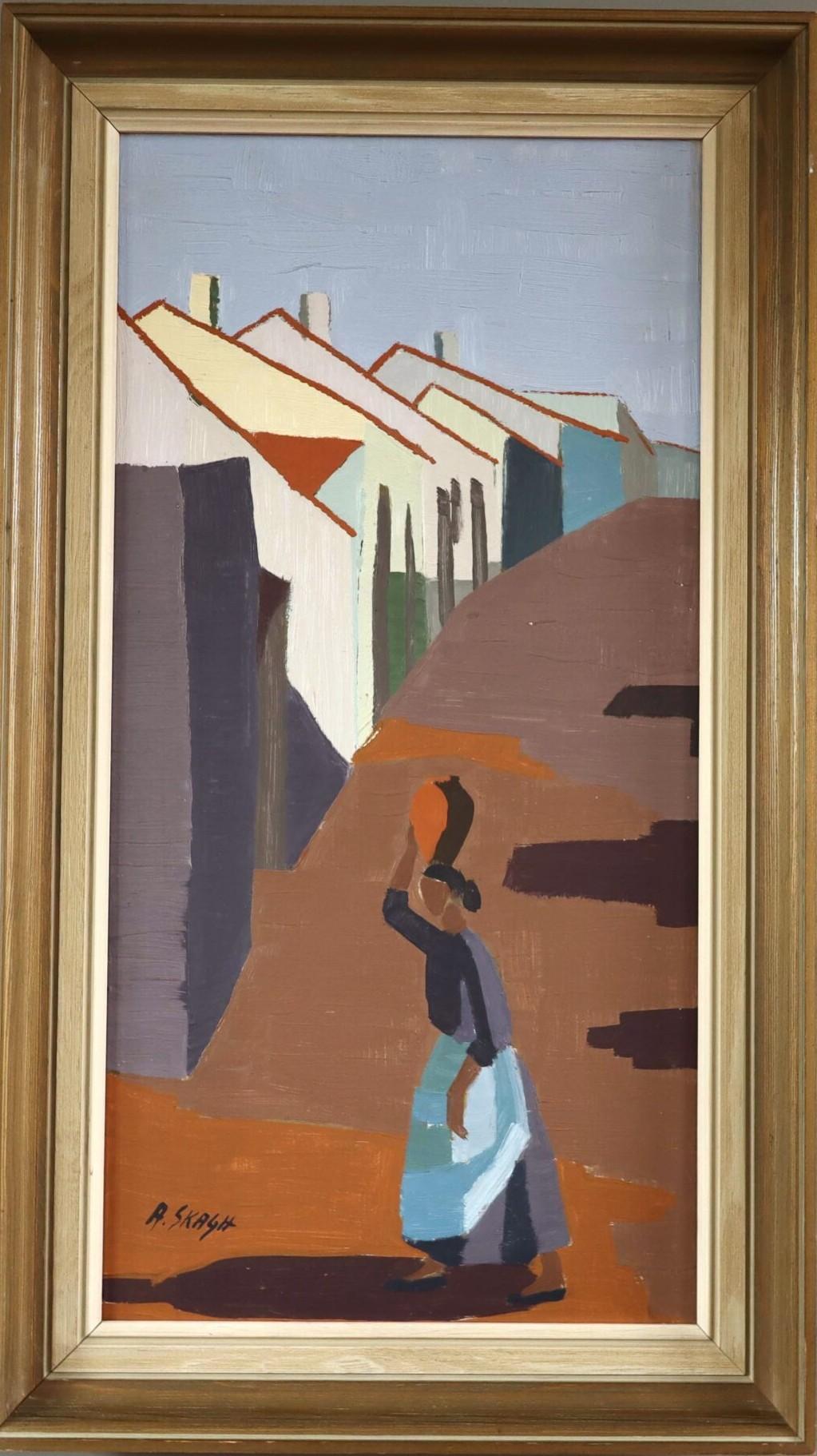 Unknown Landscape Painting - Mid Century Modern Vintage Original Landscape Oil Painting - Village Pathway
