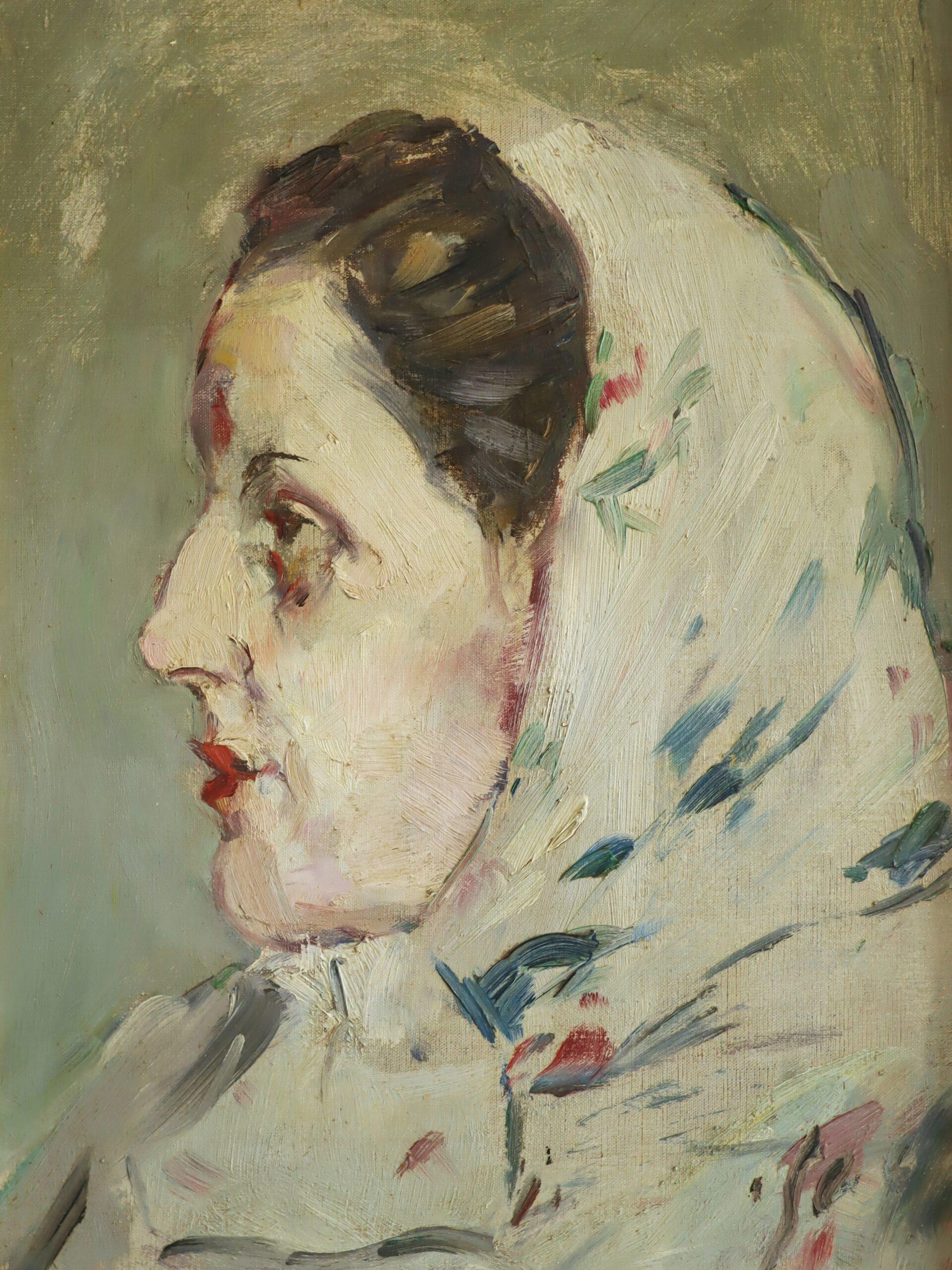 Retrato al óleo original vintage moderno de mediados de siglo - Dama de perfil en venta 5