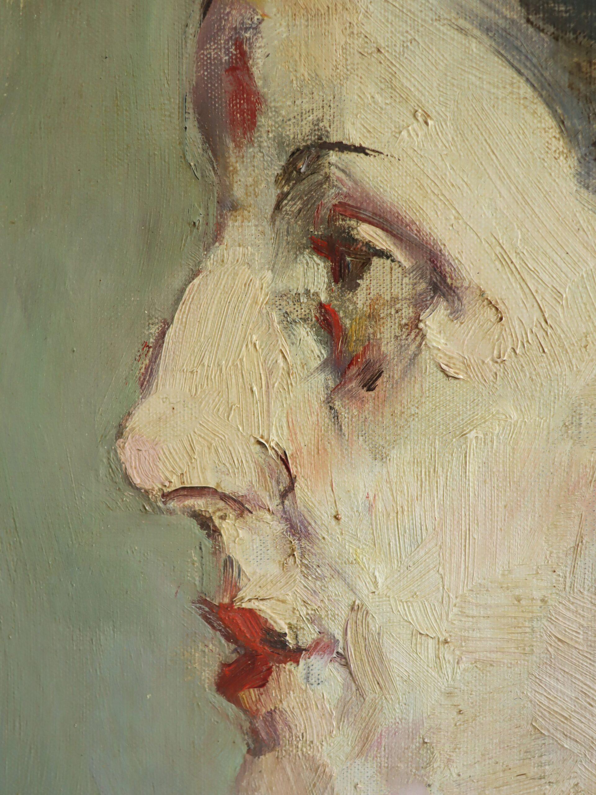 Retrato al óleo original vintage moderno de mediados de siglo - Dama de perfil en venta 6