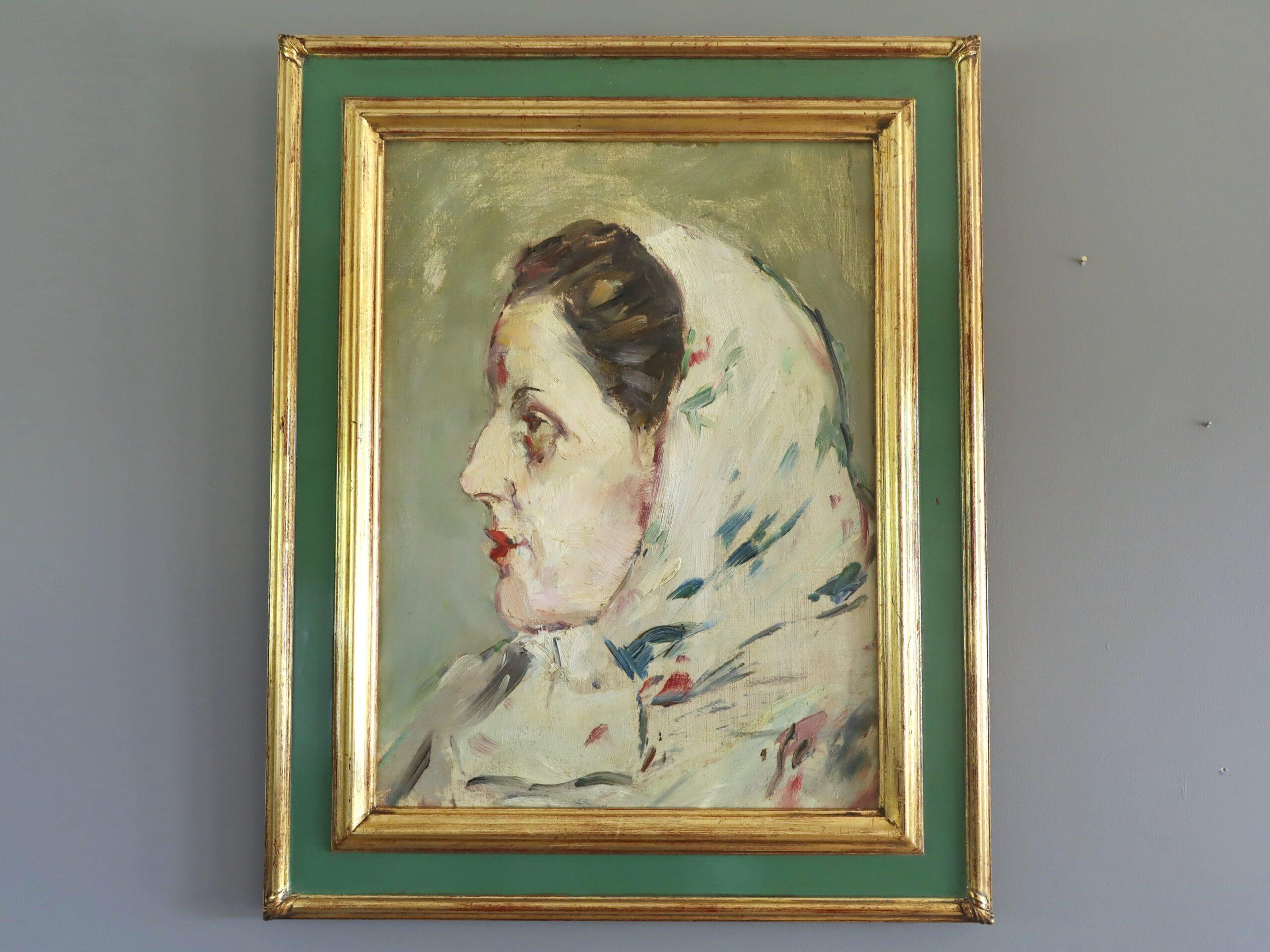 Retrato al óleo original vintage moderno de mediados de siglo - Dama de perfil - Painting de Unknown