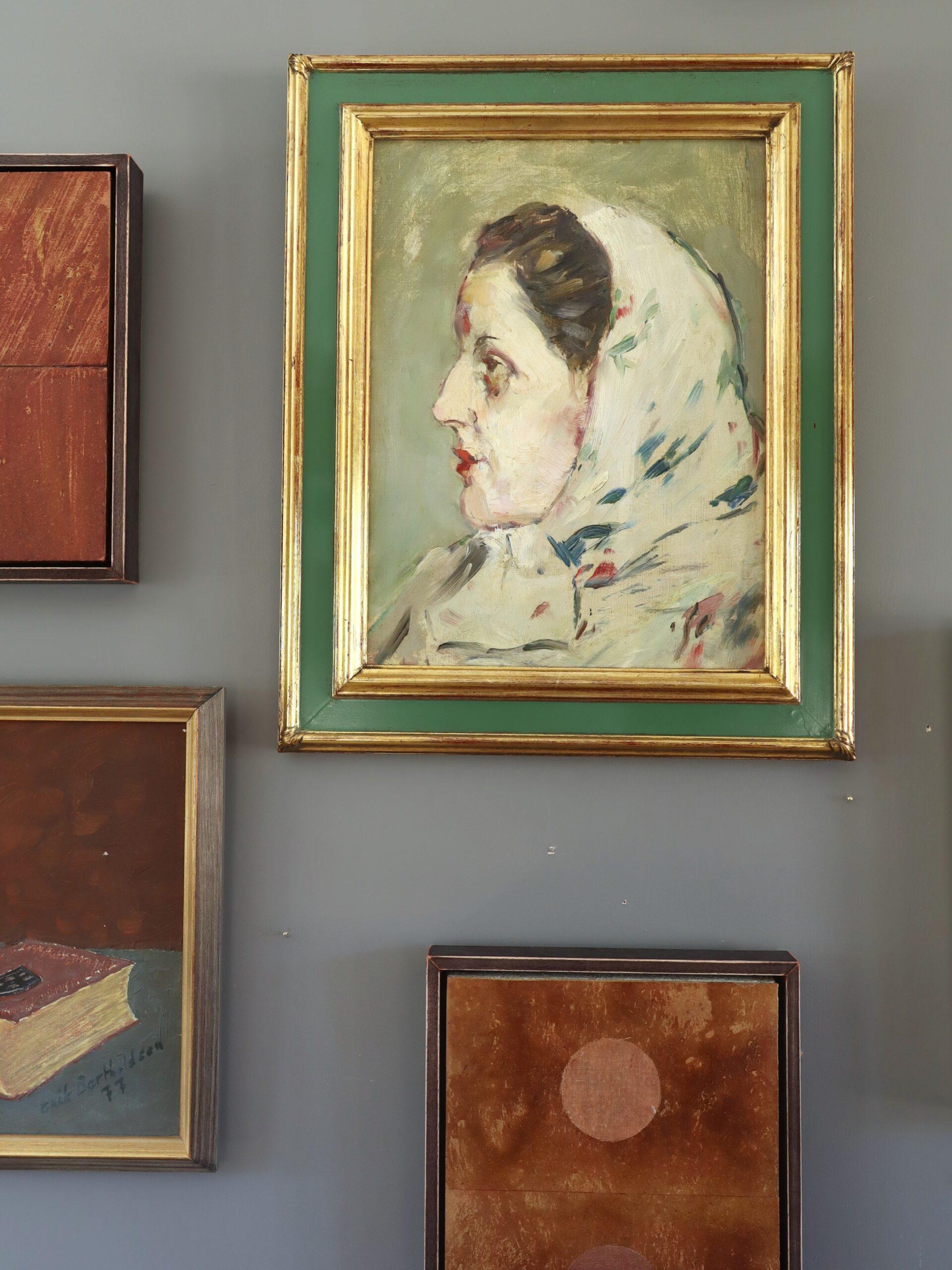 Retrato al óleo original vintage moderno de mediados de siglo - Dama de perfil - Portrait Painting Marrón de Unknown