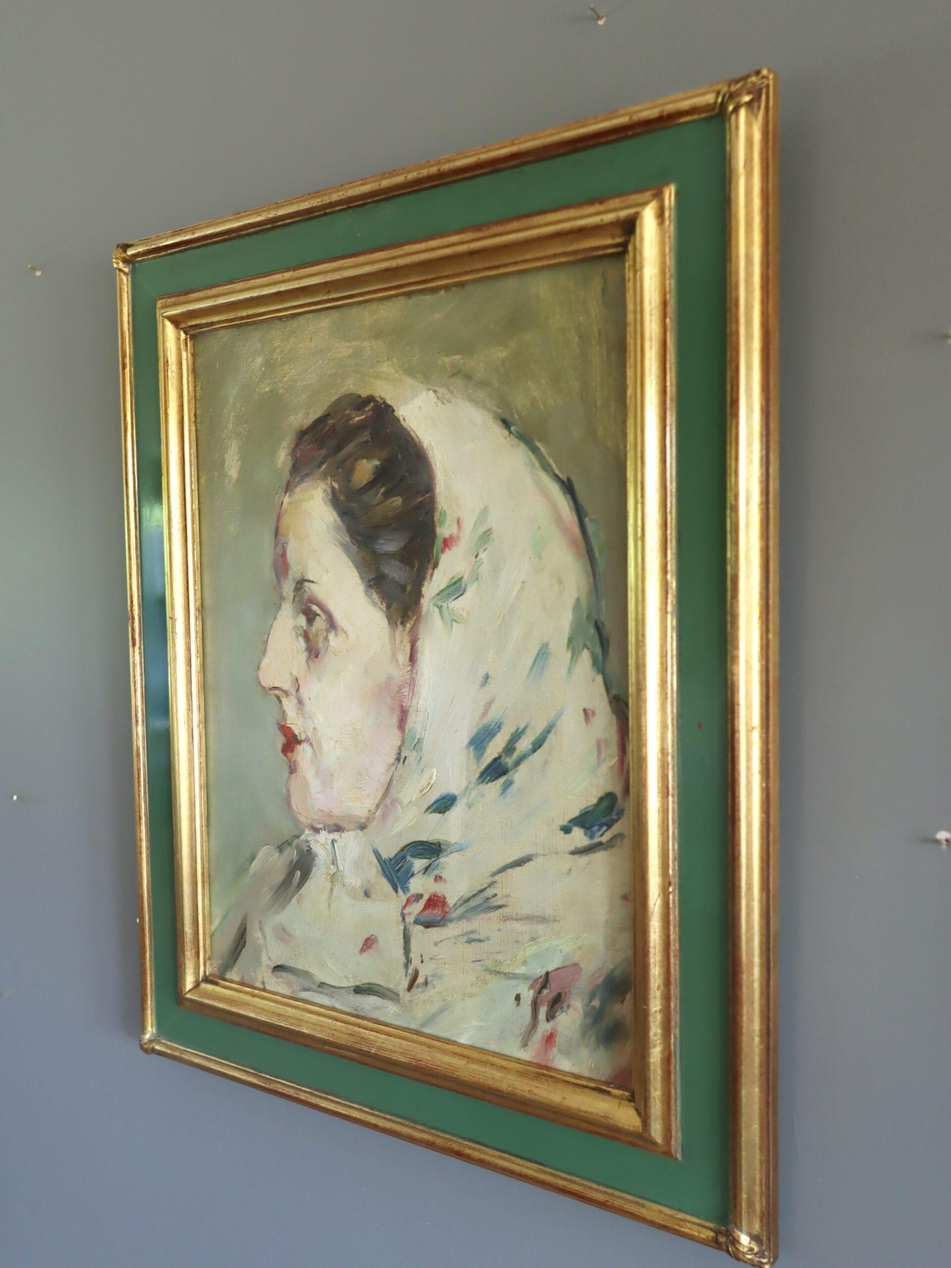 Retrato al óleo original vintage moderno de mediados de siglo - Dama de perfil en venta 1