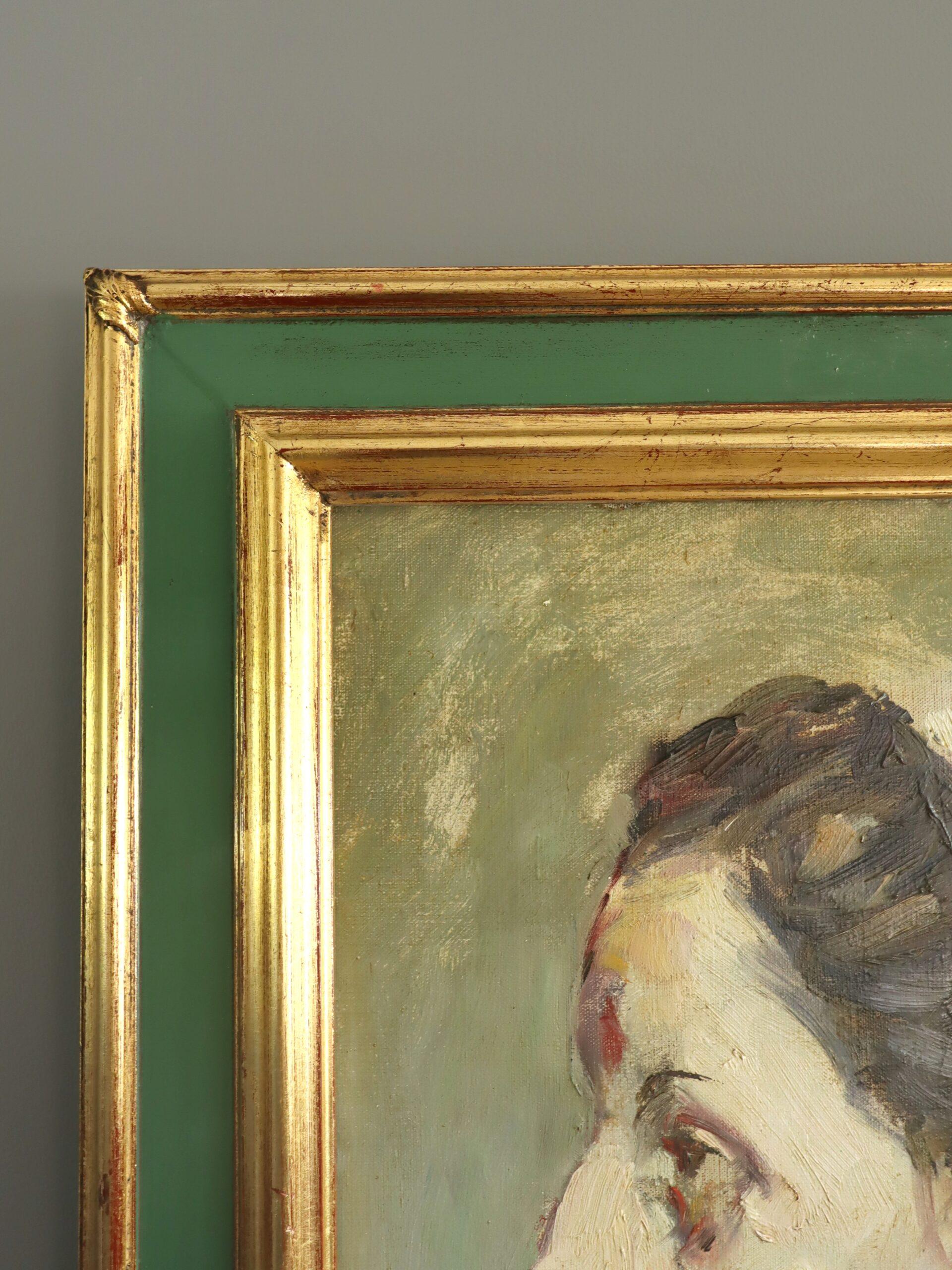 Retrato al óleo original vintage moderno de mediados de siglo - Dama de perfil en venta 2
