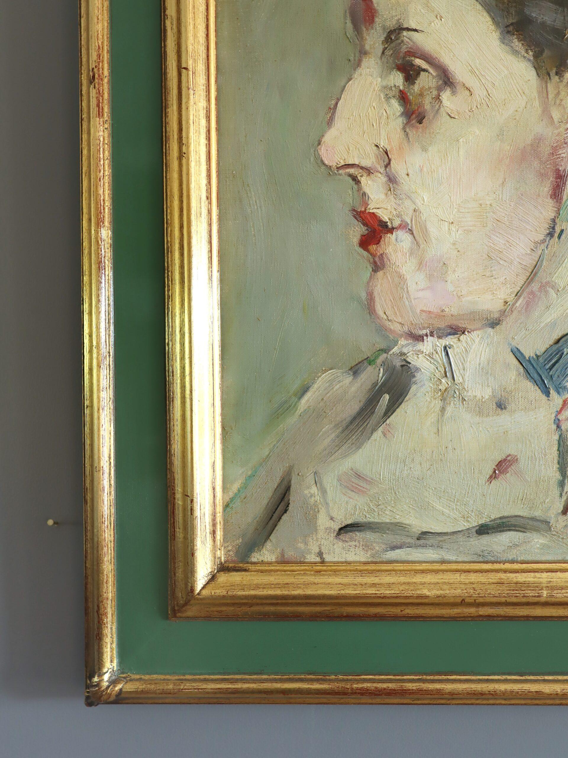 Retrato al óleo original vintage moderno de mediados de siglo - Dama de perfil en venta 4