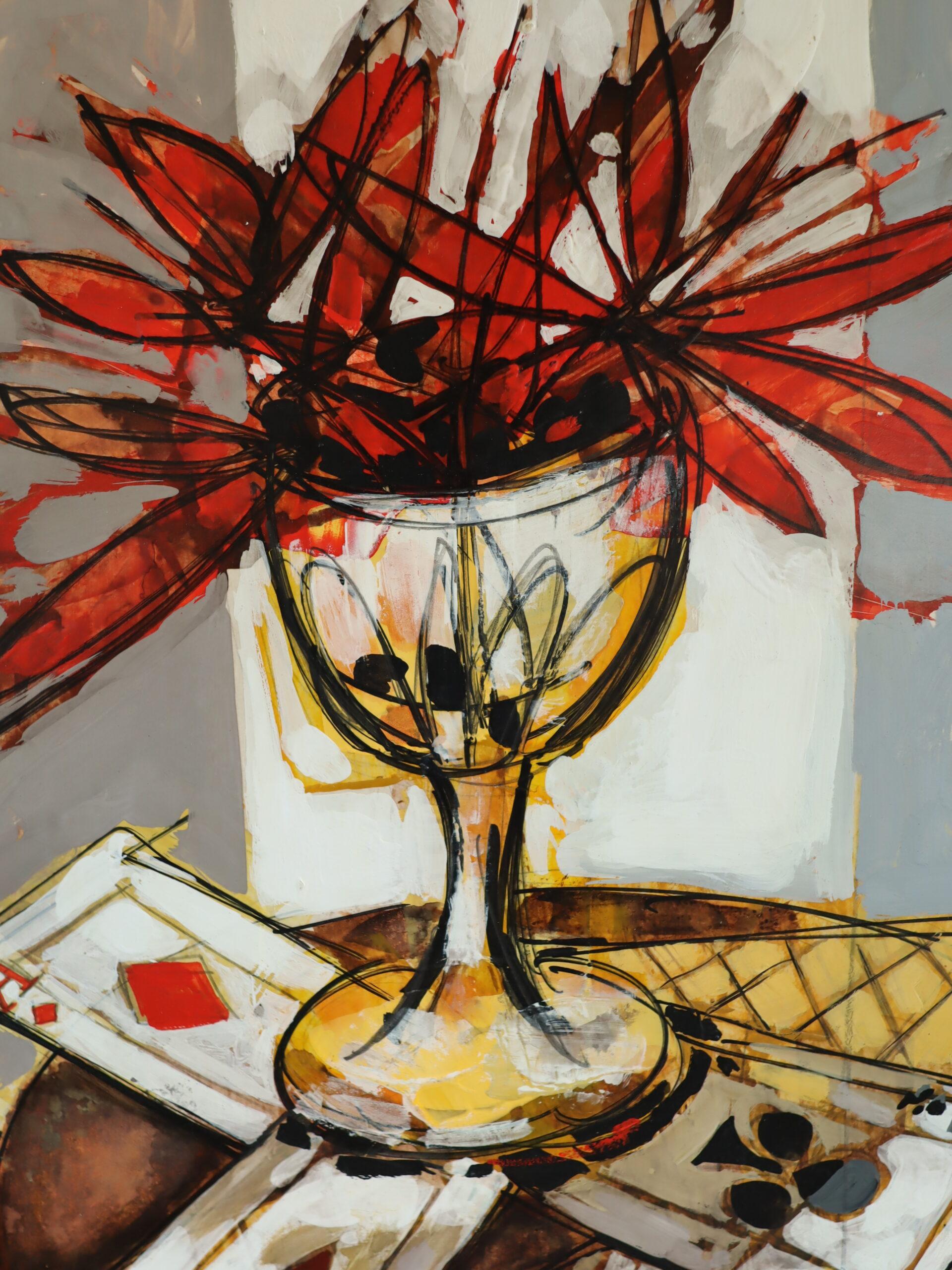 Mid Century Modern Vintage Original Still Life Oil Painting - Red Blooms & Cards For Sale 7