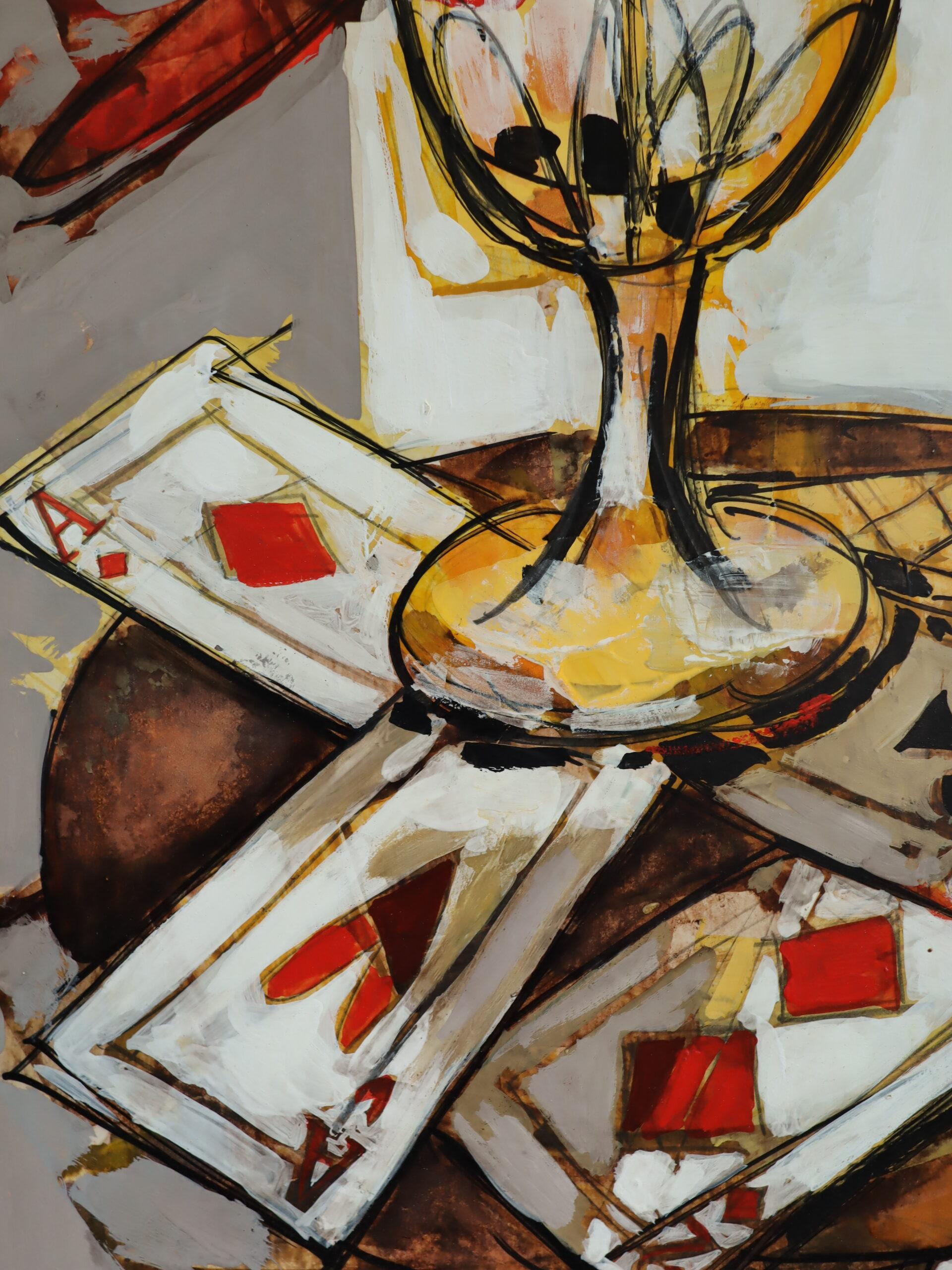 Mid Century Modern Vintage Original Still Life Oil Painting - Red Blooms & Cards For Sale 9