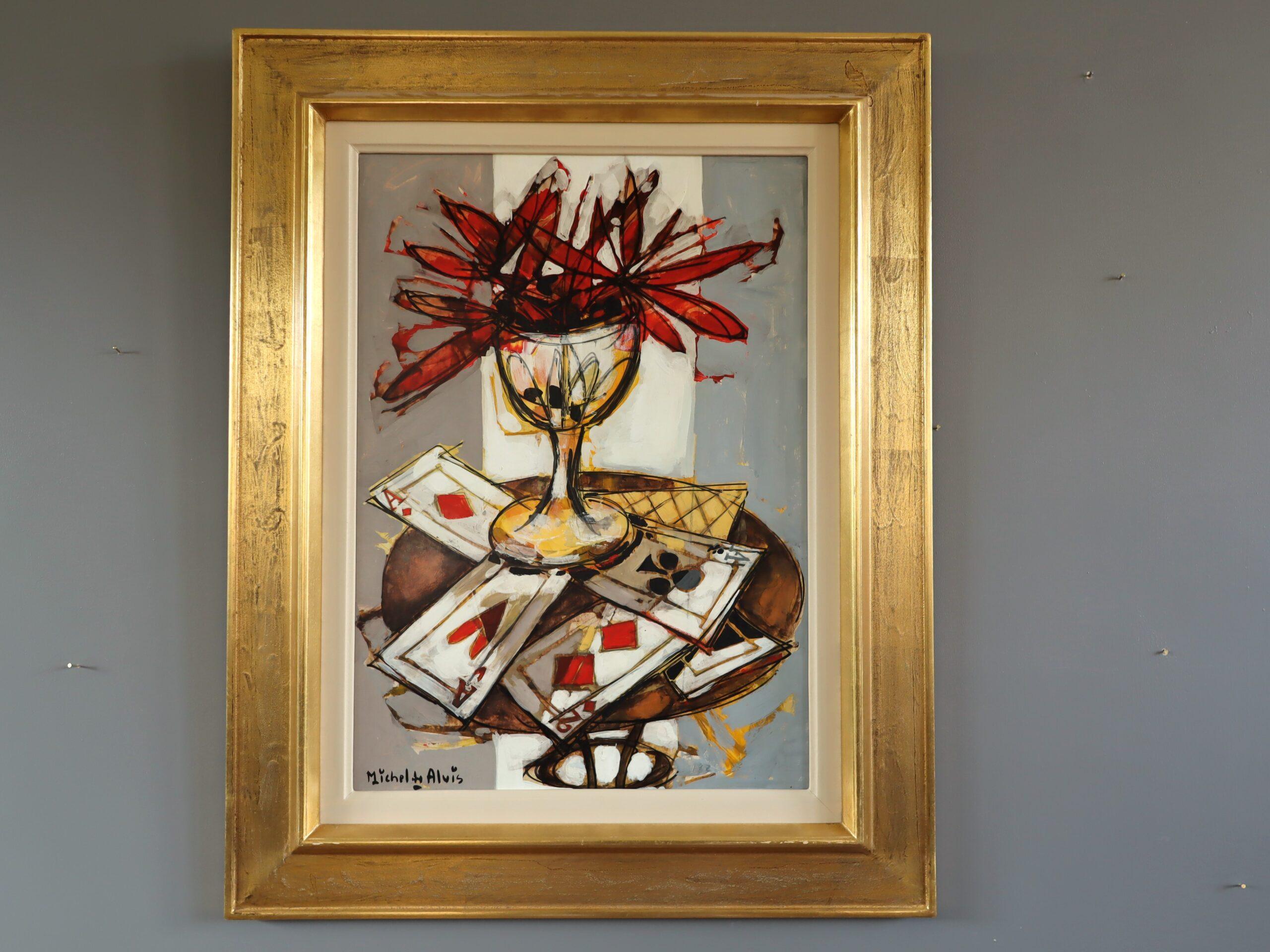 Mid Century Modern Vintage Original Still Life Oil Painting - Red Blooms & Cards - Brown Still-Life Painting by Unknown