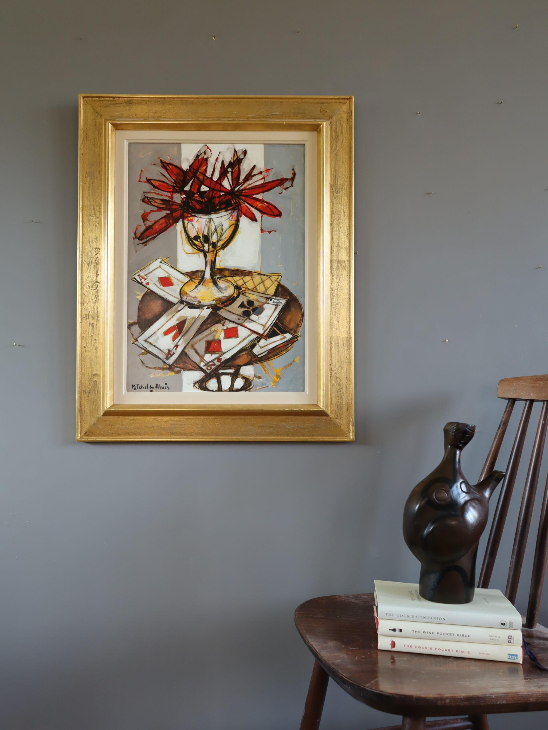 RED BLOOMS & CARDS
Size: 67.5 x 53.5 cm (including frame)
Oil on board

An energetic and confidently executed mid-century modernist still life composition, painted in oil onto board.

The composition featured a vibrant bouquet of red blossoms