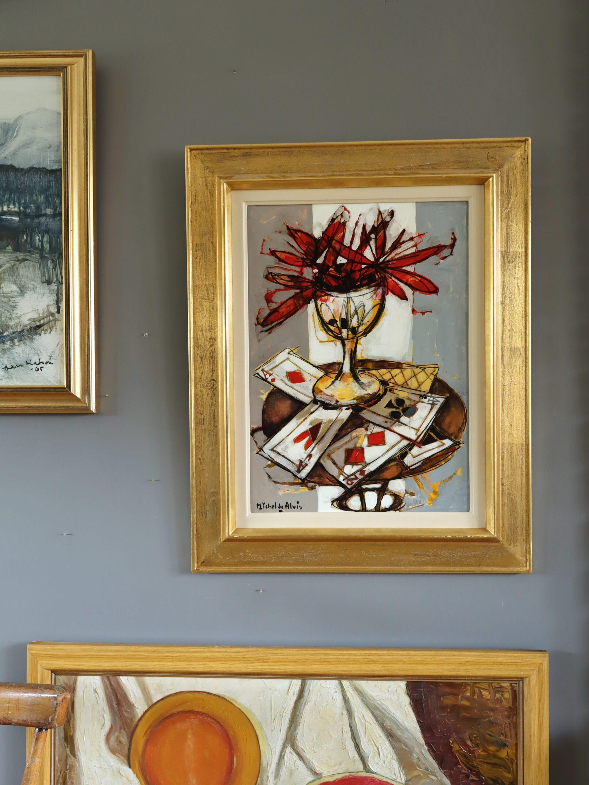 Mid Century Modern Vintage Original Still Life Oil Painting - Red Blooms & Cards For Sale 1