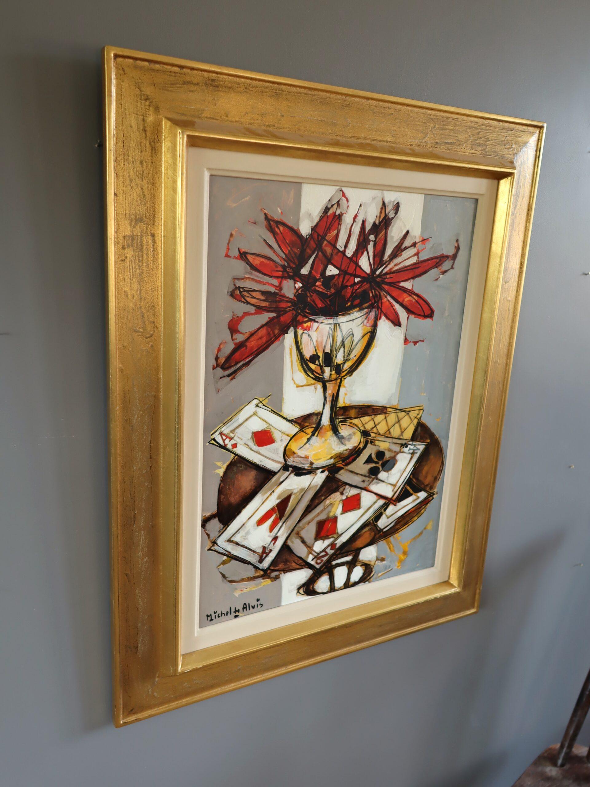Mid Century Modern Vintage Original Still Life Oil Painting - Red Blooms & Cards For Sale 2