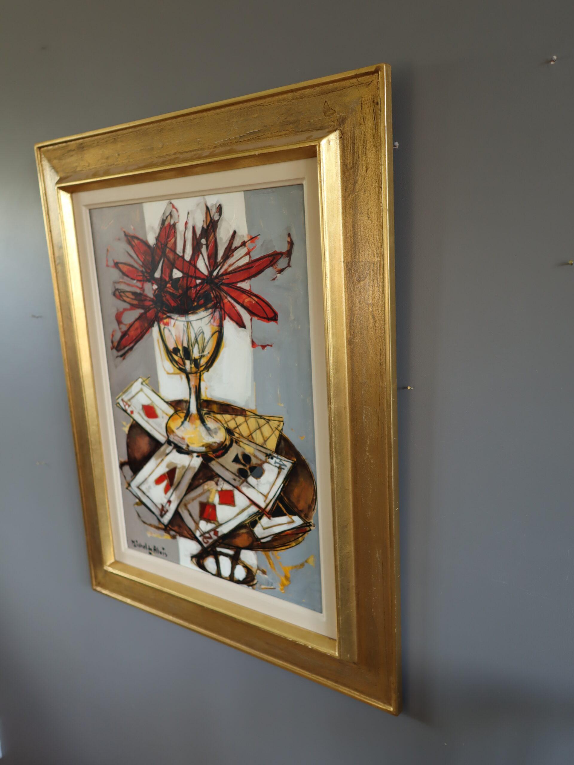 Mid Century Modern Vintage Original Still Life Oil Painting - Red Blooms & Cards For Sale 3