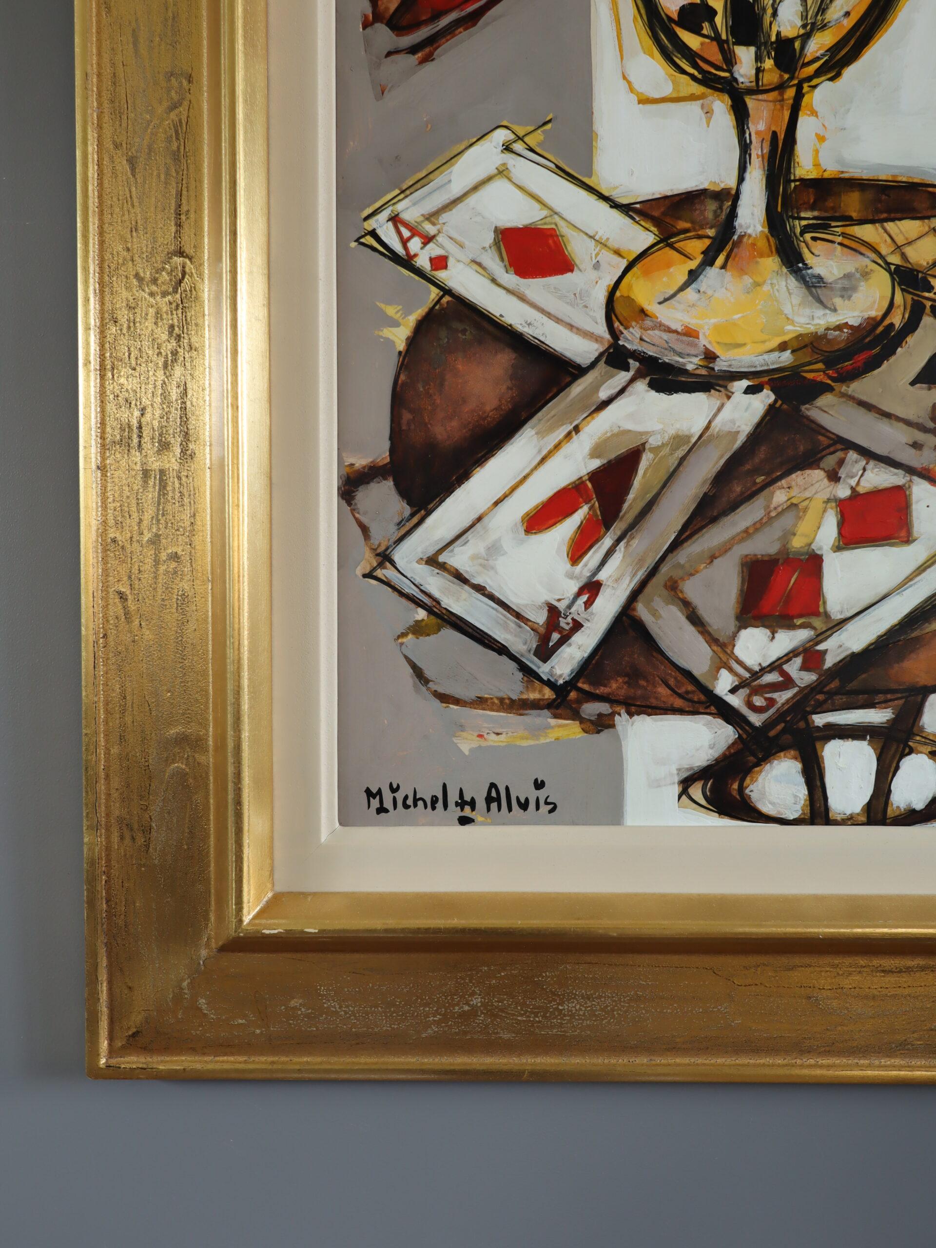 Mid Century Modern Vintage Original Still Life Oil Painting - Red Blooms & Cards For Sale 4