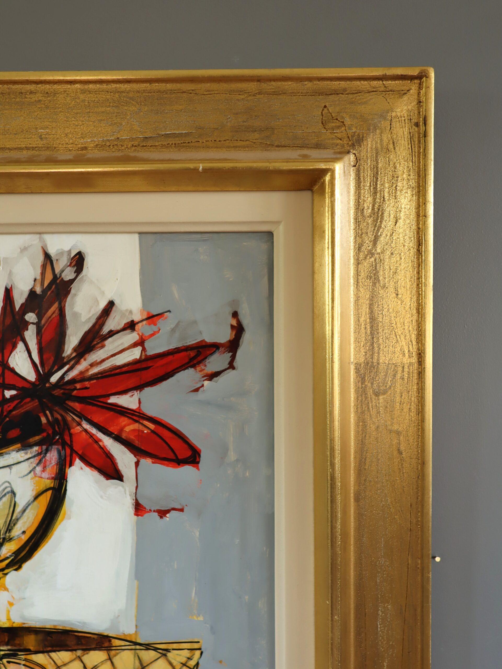 Mid Century Modern Vintage Original Still Life Oil Painting - Red Blooms & Cards For Sale 5