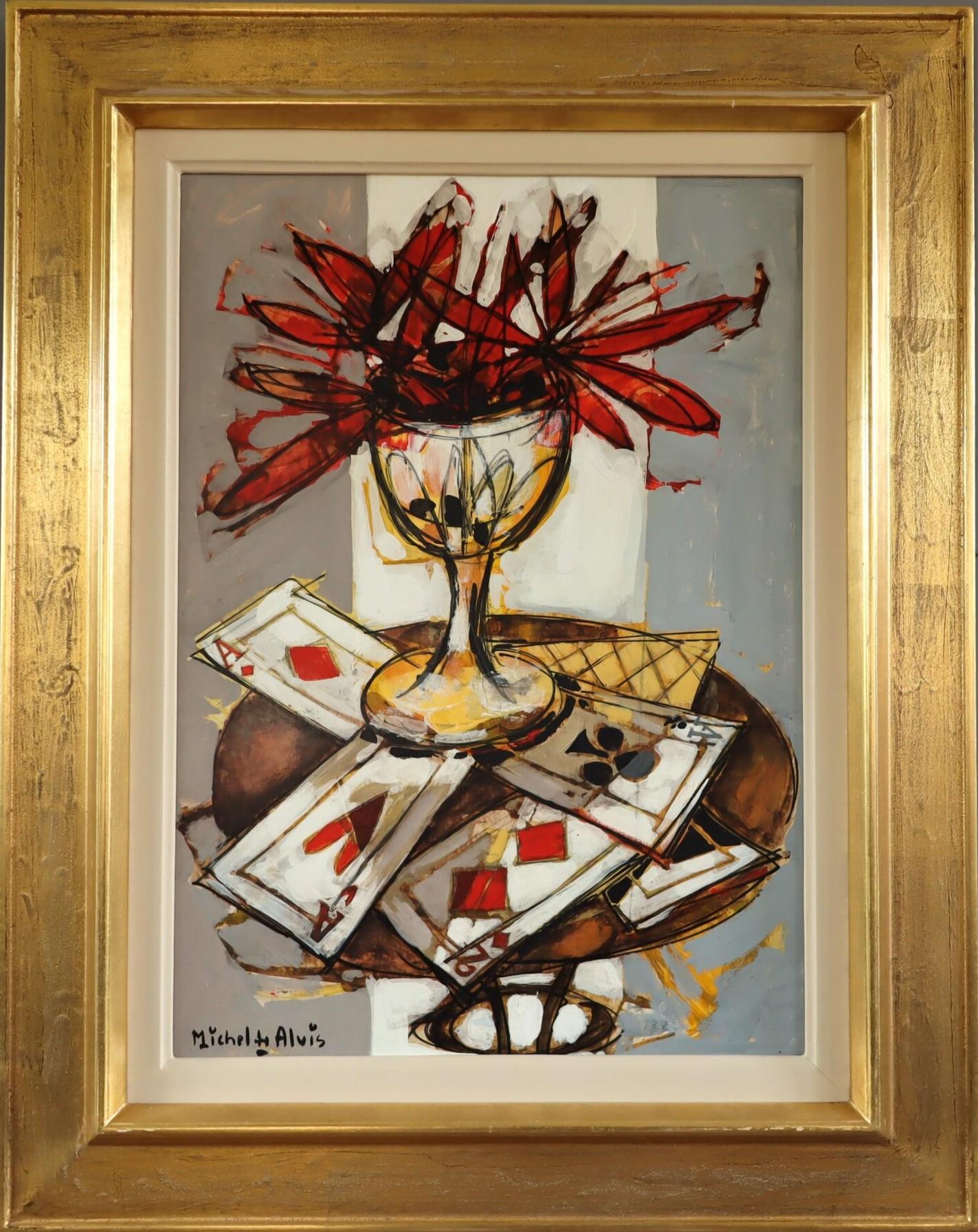 Unknown Still-Life Painting - Mid Century Modern Vintage Original Still Life Oil Painting - Red Blooms & Cards