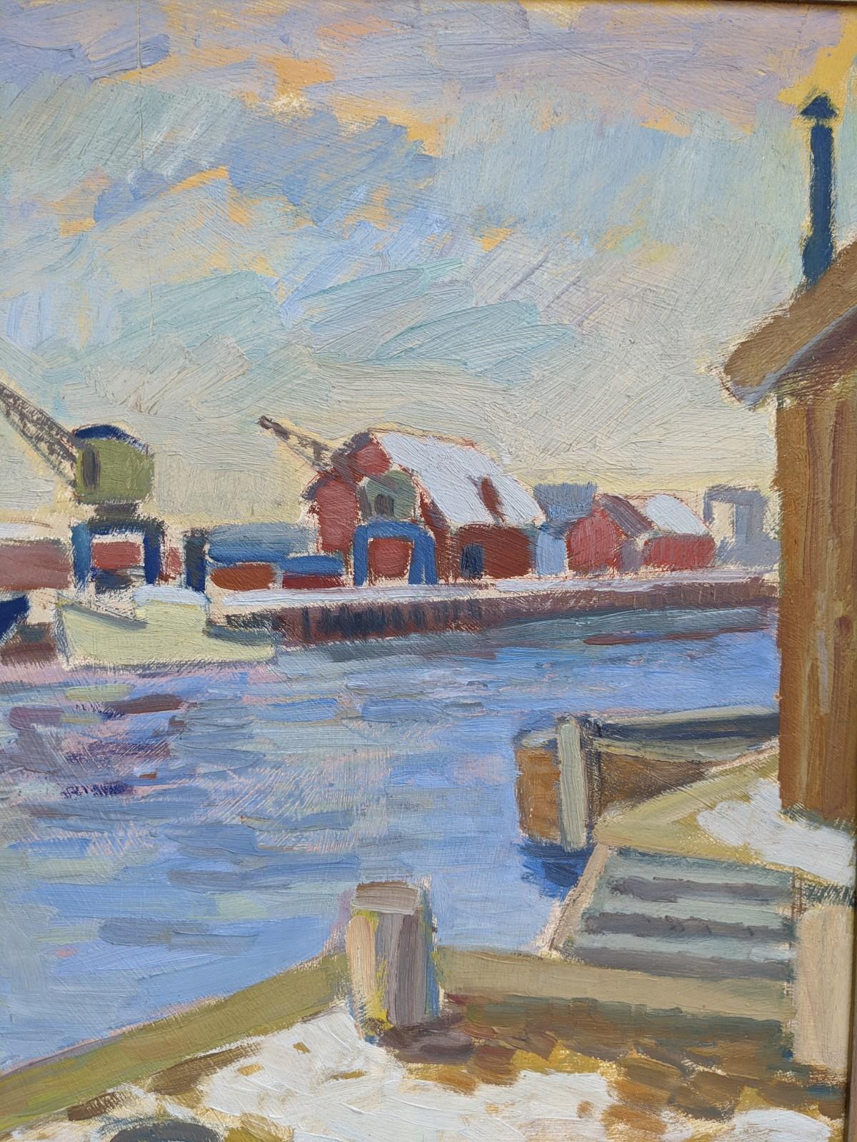 Mid-Century Modern Vintage Seascape Oil Painting - Sunset Harbour For Sale 2