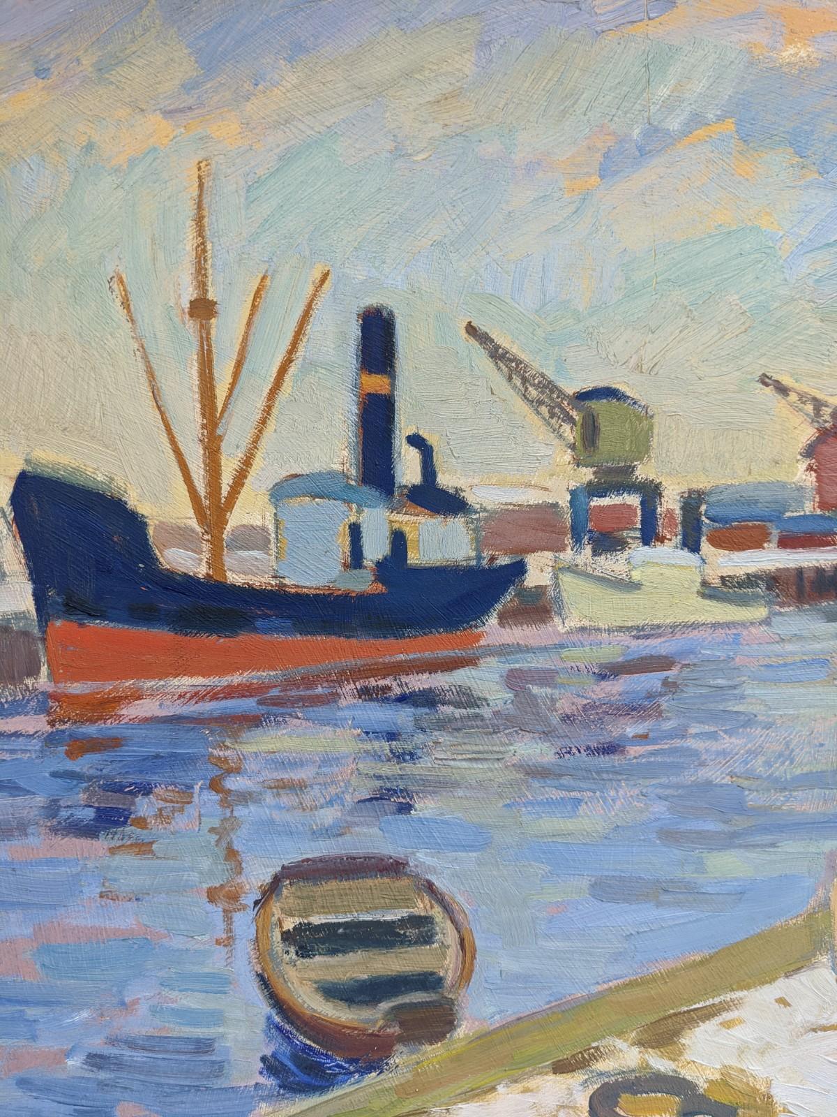 Mid-Century Modern Vintage Seascape Oil Painting - Sunset Harbour For Sale 3