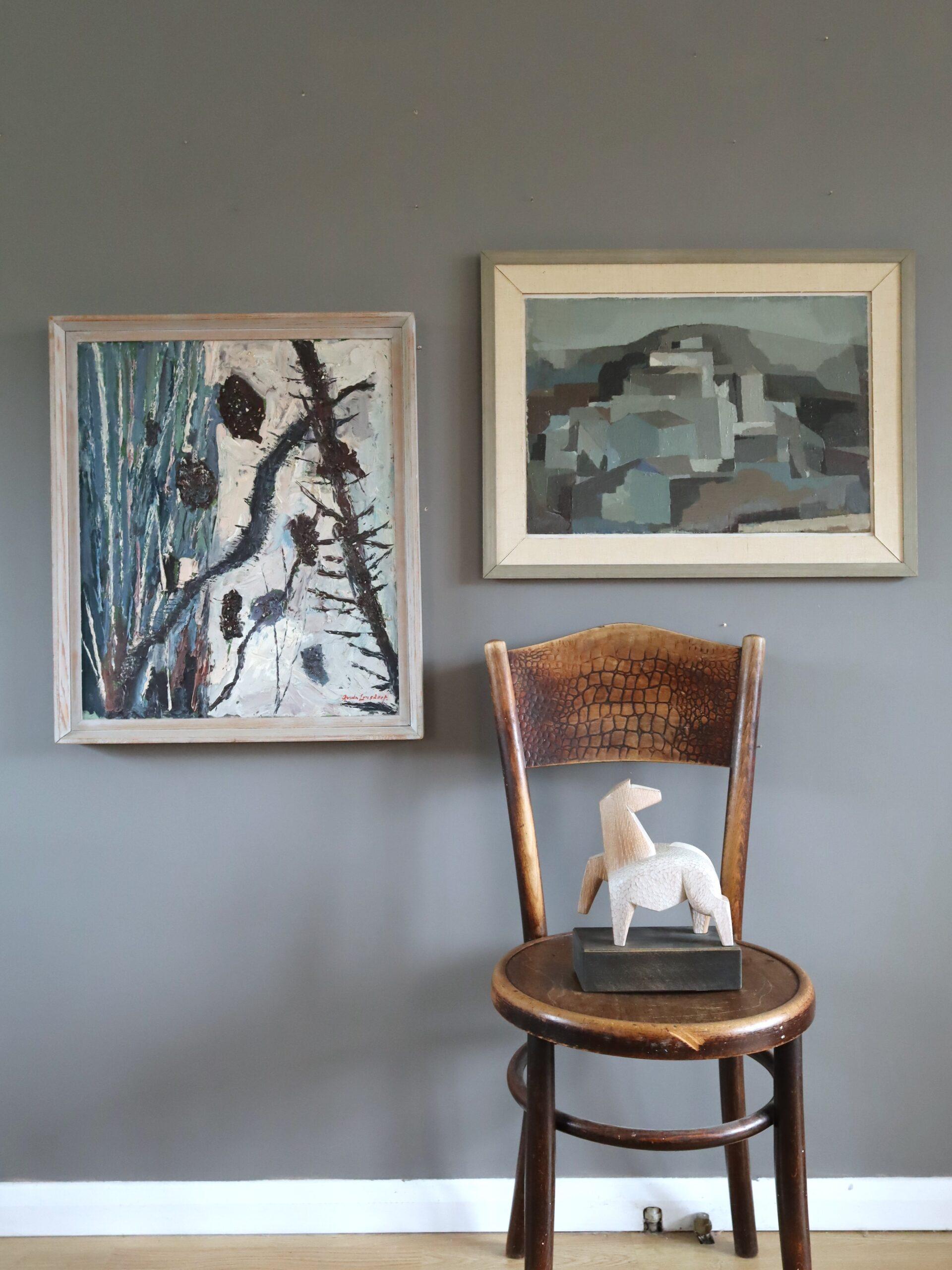 Mid Century Modern Vintage Semi-Abstract Landscape Oil Painting - Pine Cones For Sale 10
