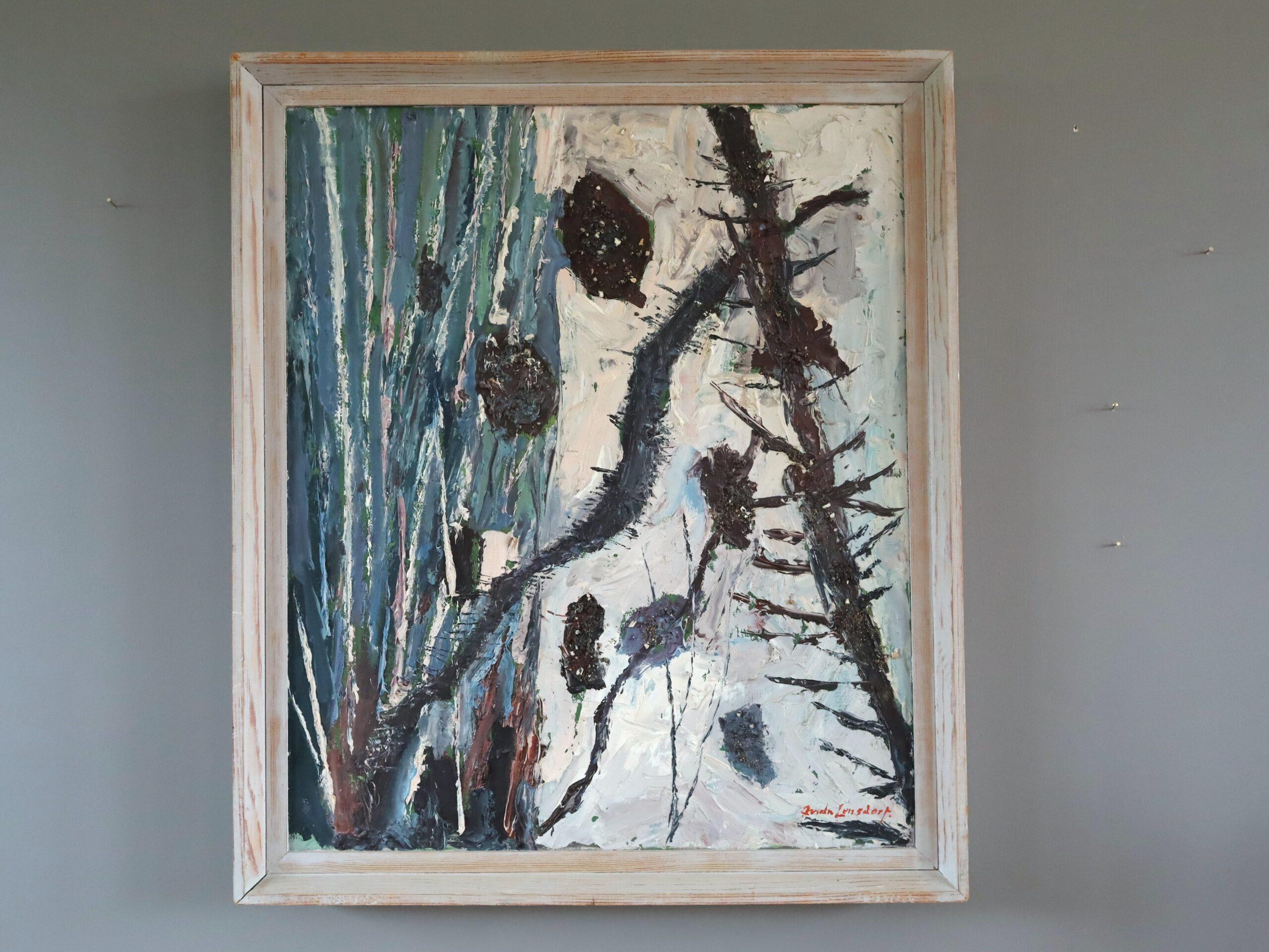 Mid Century Modern Vintage Semi-Abstract Landscape Oil Painting - Pine Cones - Gray Landscape Painting by Unknown