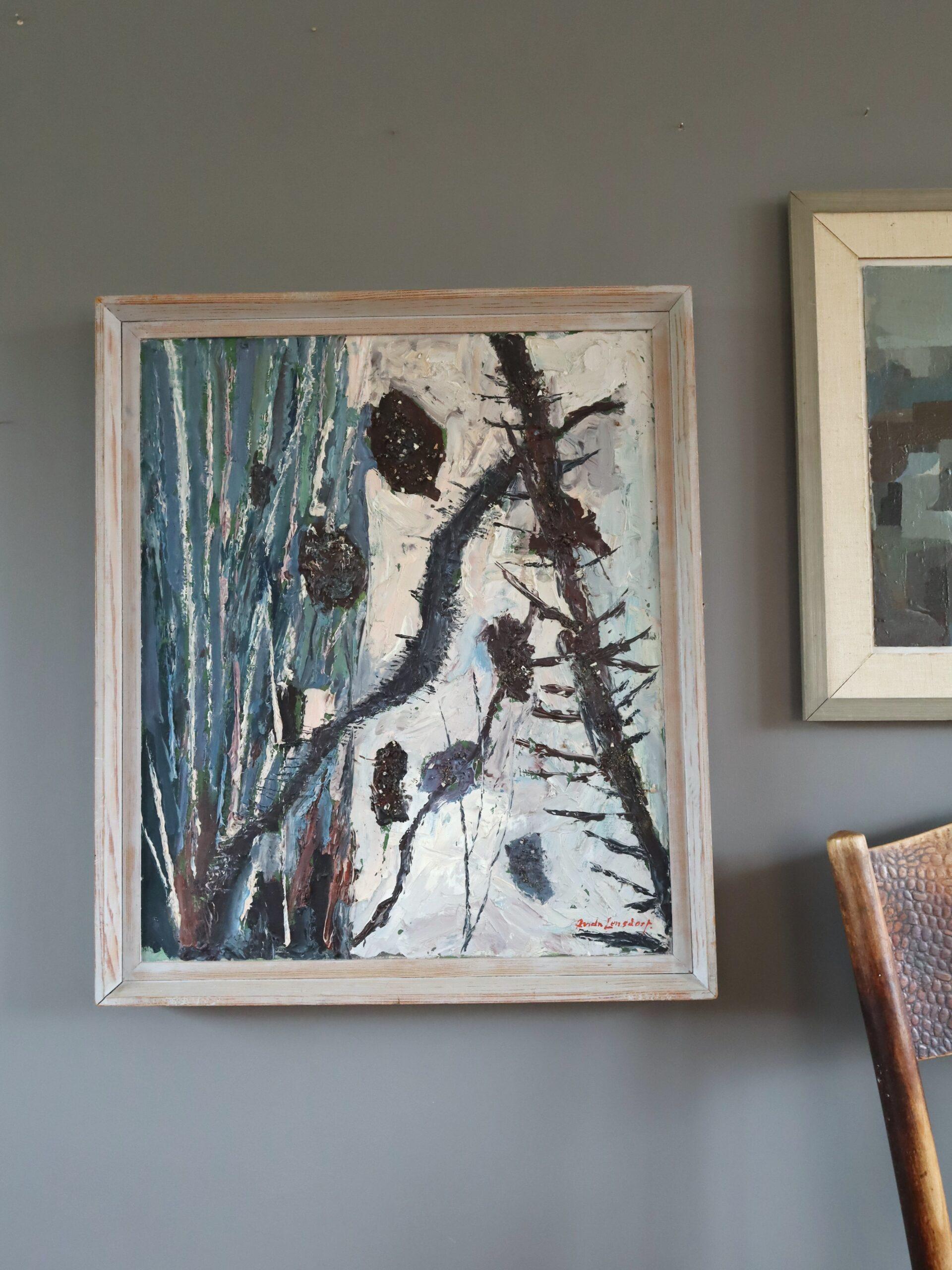 PINE CONES
Size: 61.5 x 52.5 cm (including frame)
Oil on canvas

A semi-abstract mid century modernist composition, painted in oil onto canvas.

This painting is an expressive, semi-abstract depiction of what appears to be a woodland scene dominated