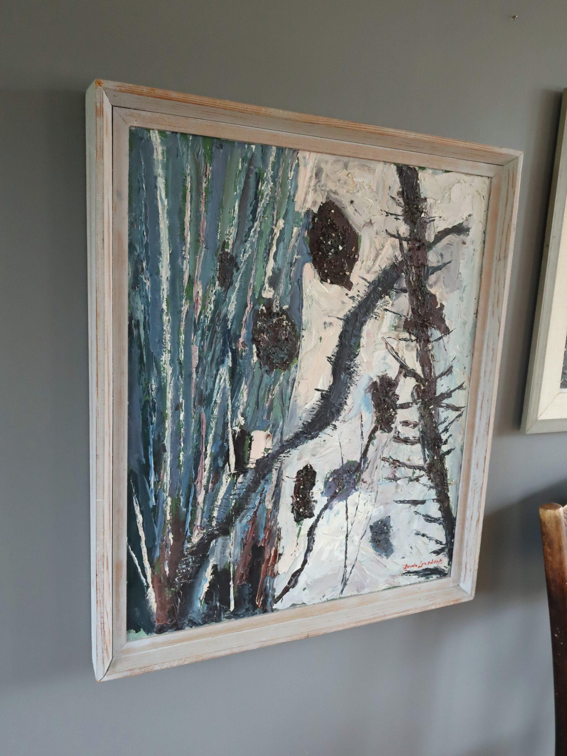 Mid Century Modern Vintage Semi-Abstract Landscape Oil Painting - Pine Cones For Sale 1