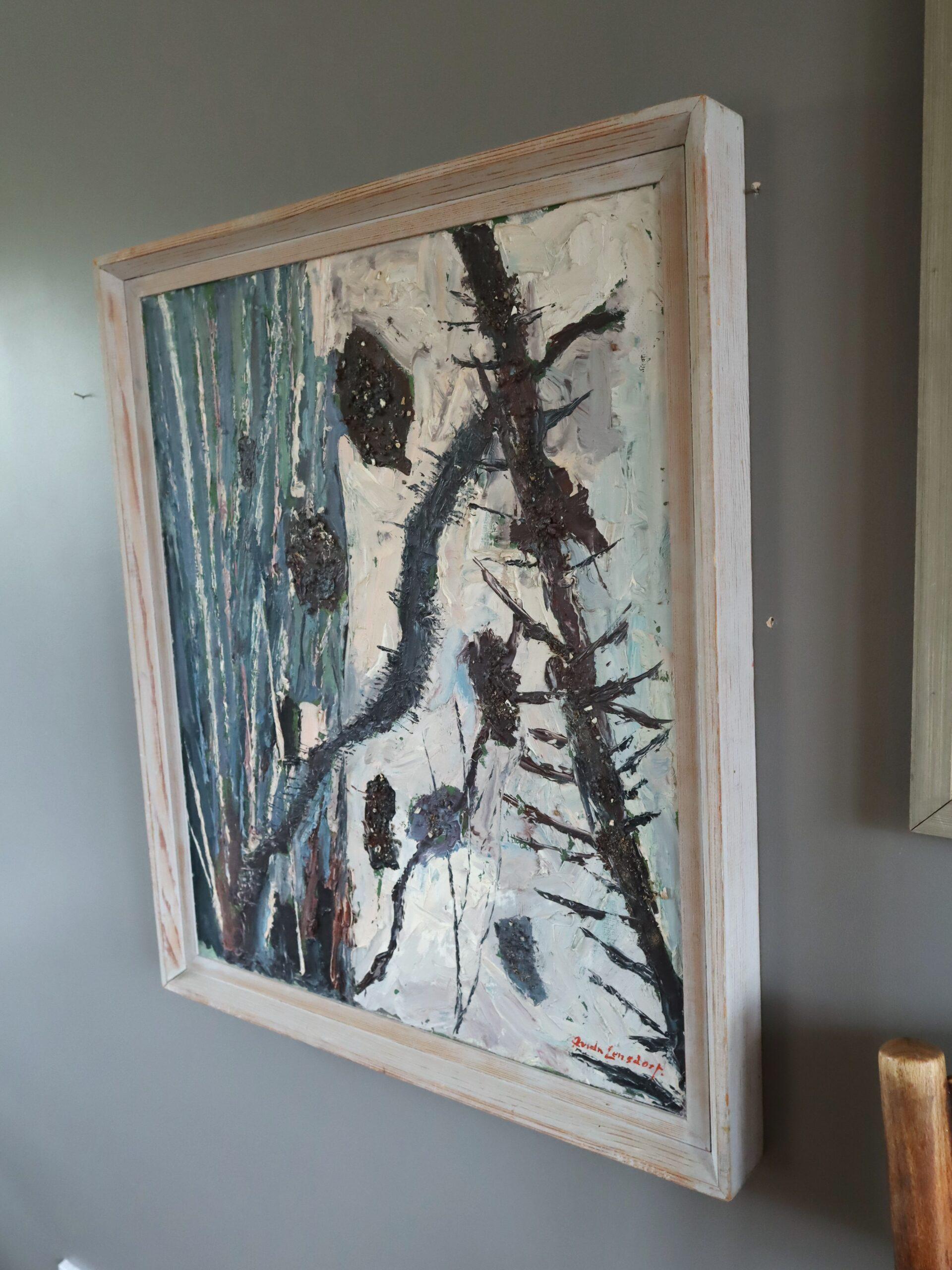 Mid Century Modern Vintage Semi-Abstract Landscape Oil Painting - Pine Cones For Sale 2