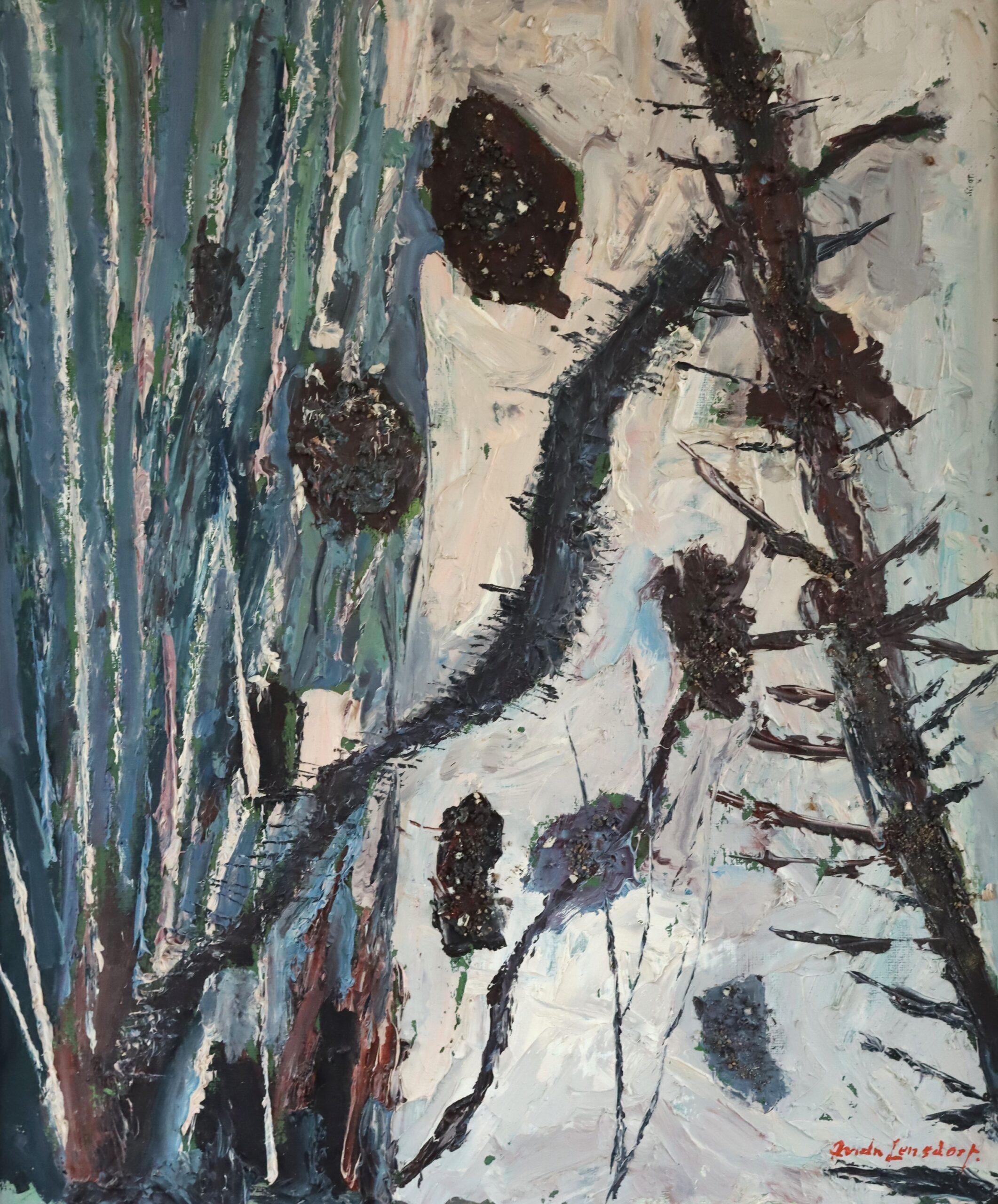 Mid Century Modern Vintage Semi-Abstract Landscape Oil Painting - Pine Cones For Sale 5