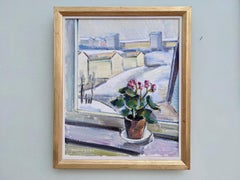 Mid-Century Modern Vintage Still Life Oil Painting - Window View, Framed