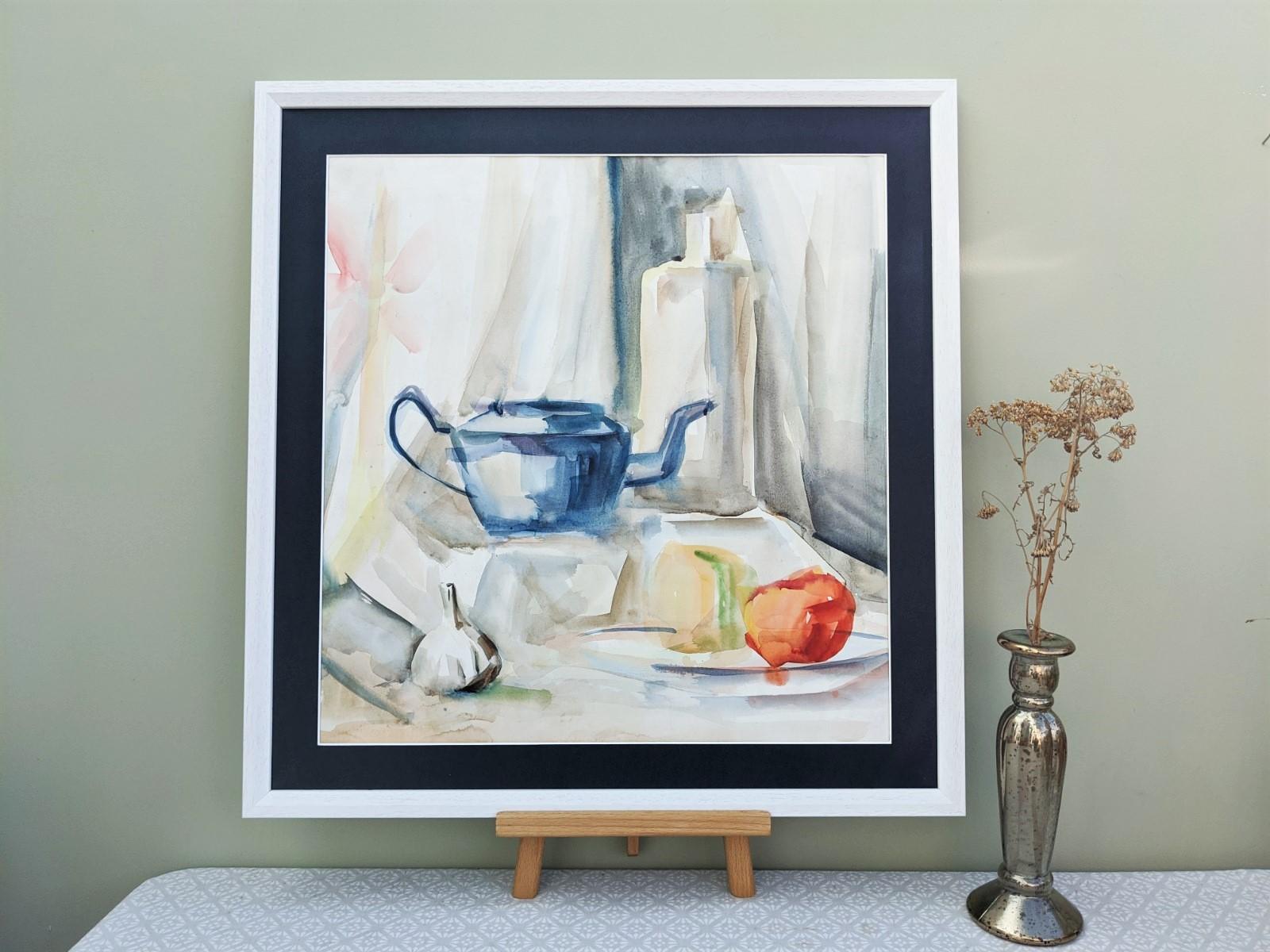 Mid-Century Modern Vintage Still Life Watercolour - The Teapot - Painting by Unknown