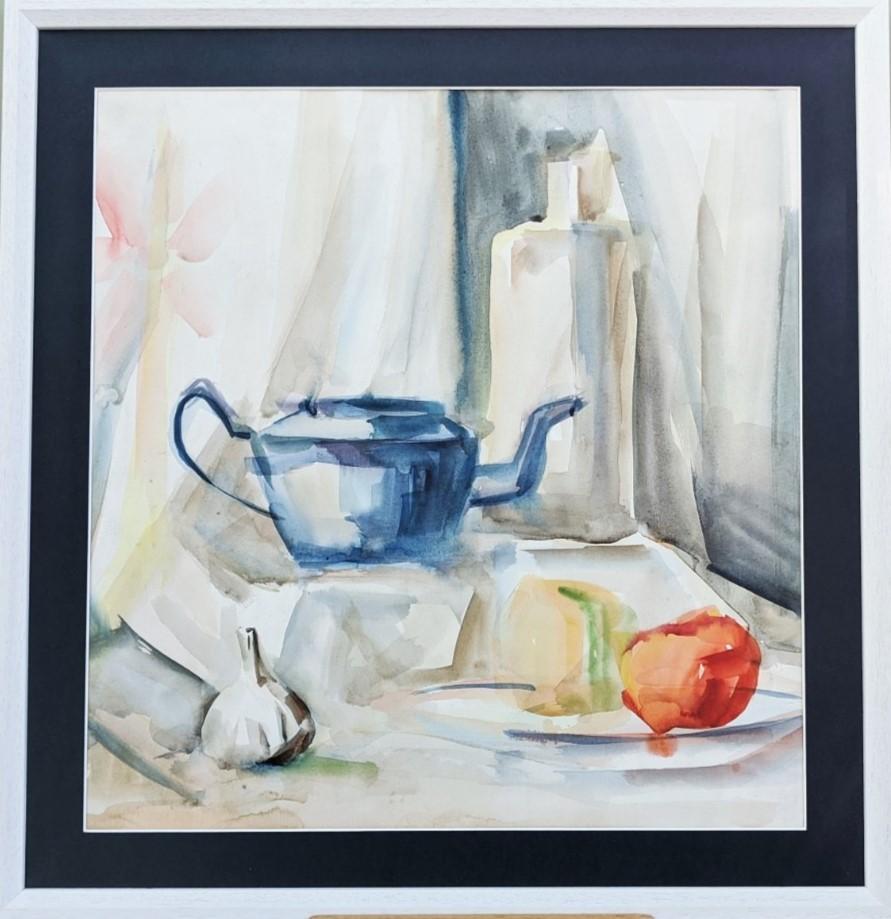 Unknown Still-Life Painting - Mid-Century Modern Vintage Still Life Watercolour - The Teapot