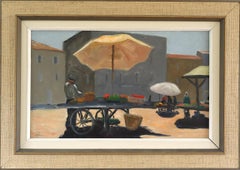 Mid Century Modern Vintage Street Scene Oil Painting - Market Day Under the Sun